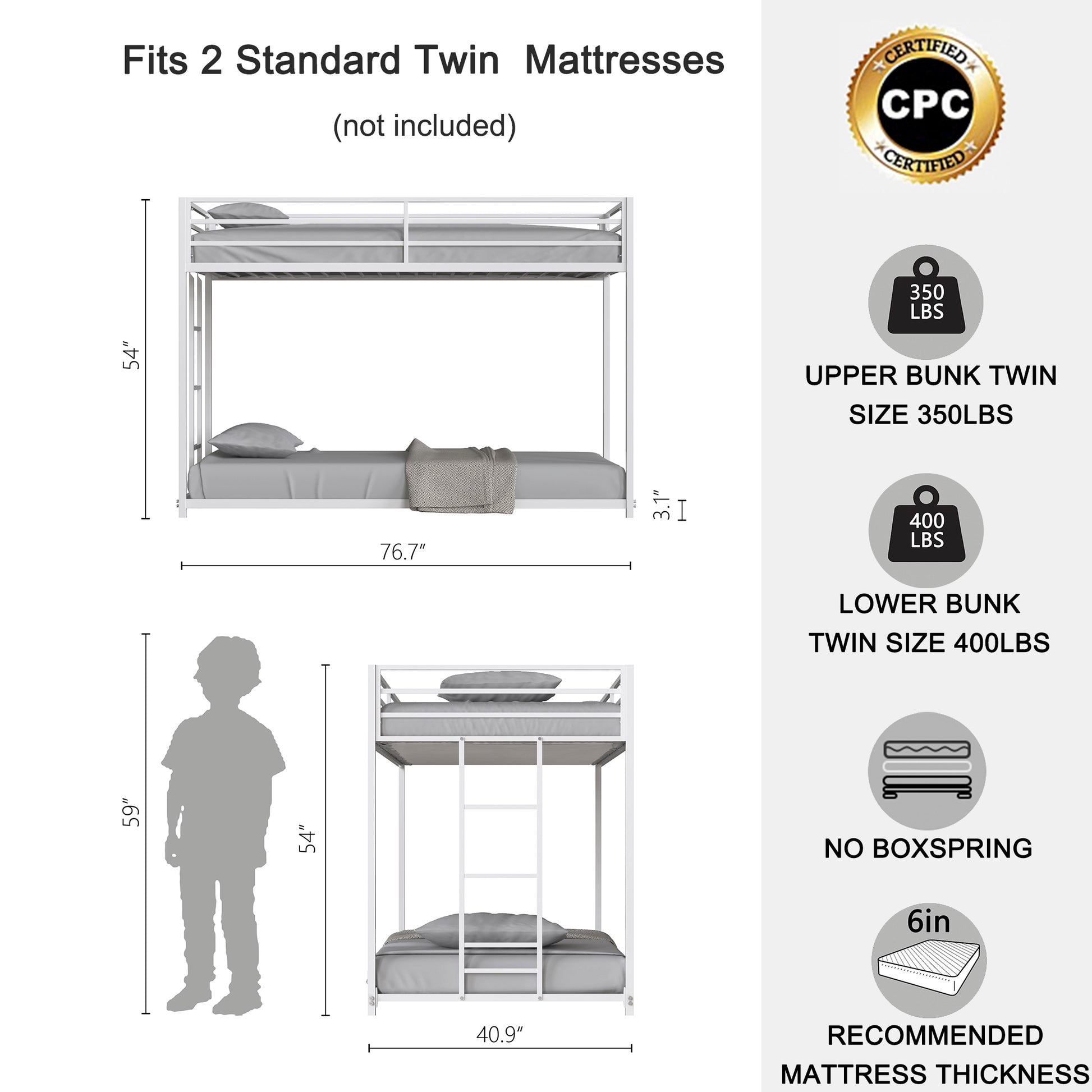 Adam Twin Over Twin Metal Bunk, White Twin Box Spring Not Required White Metal Bedroom Bed Frame Metal Metal