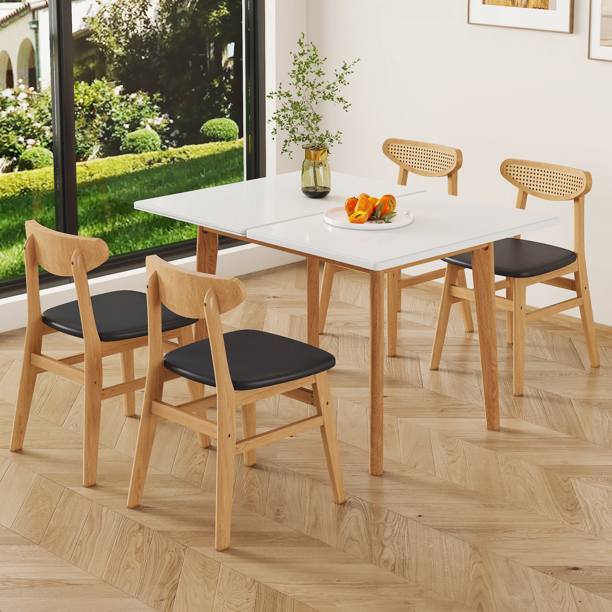 Table And Chair Set. White Sintered Stone Tabletop, Rubberwood Legs, Foldable Computer Desk, Foldable Desk. Solid Wood Dining Chair With Small Curved Backrest And Pu Cushions. Zd 1545 Dx 2361 Wood Seats 4 Wood