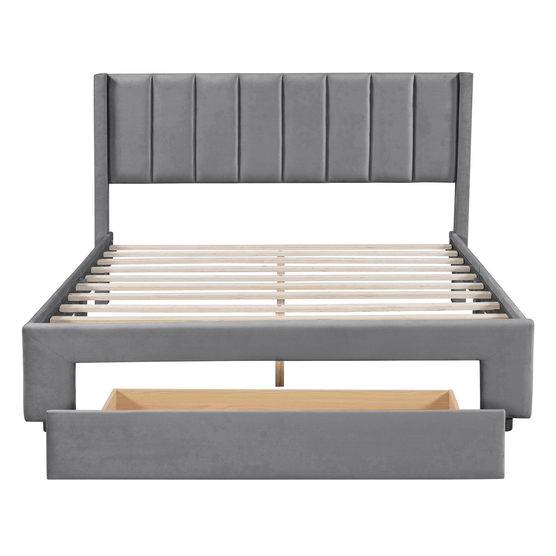 Queen Size Storage Bed Velvet Upholstered Platform Bed With A Big Drawer Gray Old Sku:Wf296854Aae Queen Gray Velvet