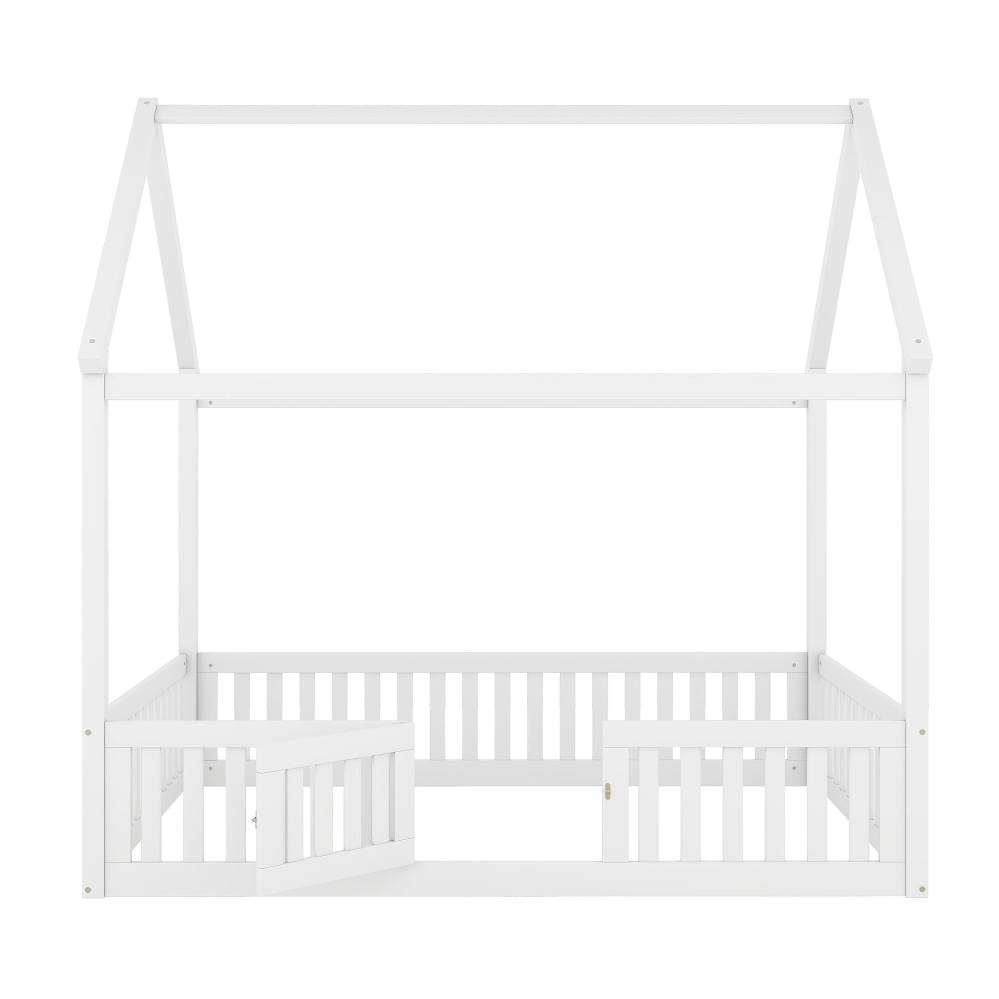 Full Size Wood House Bed With Fence And Door, White Old Sku: Wf303134Aak Box Spring Not Required Full White Wood Bedroom Bed Frame Pine