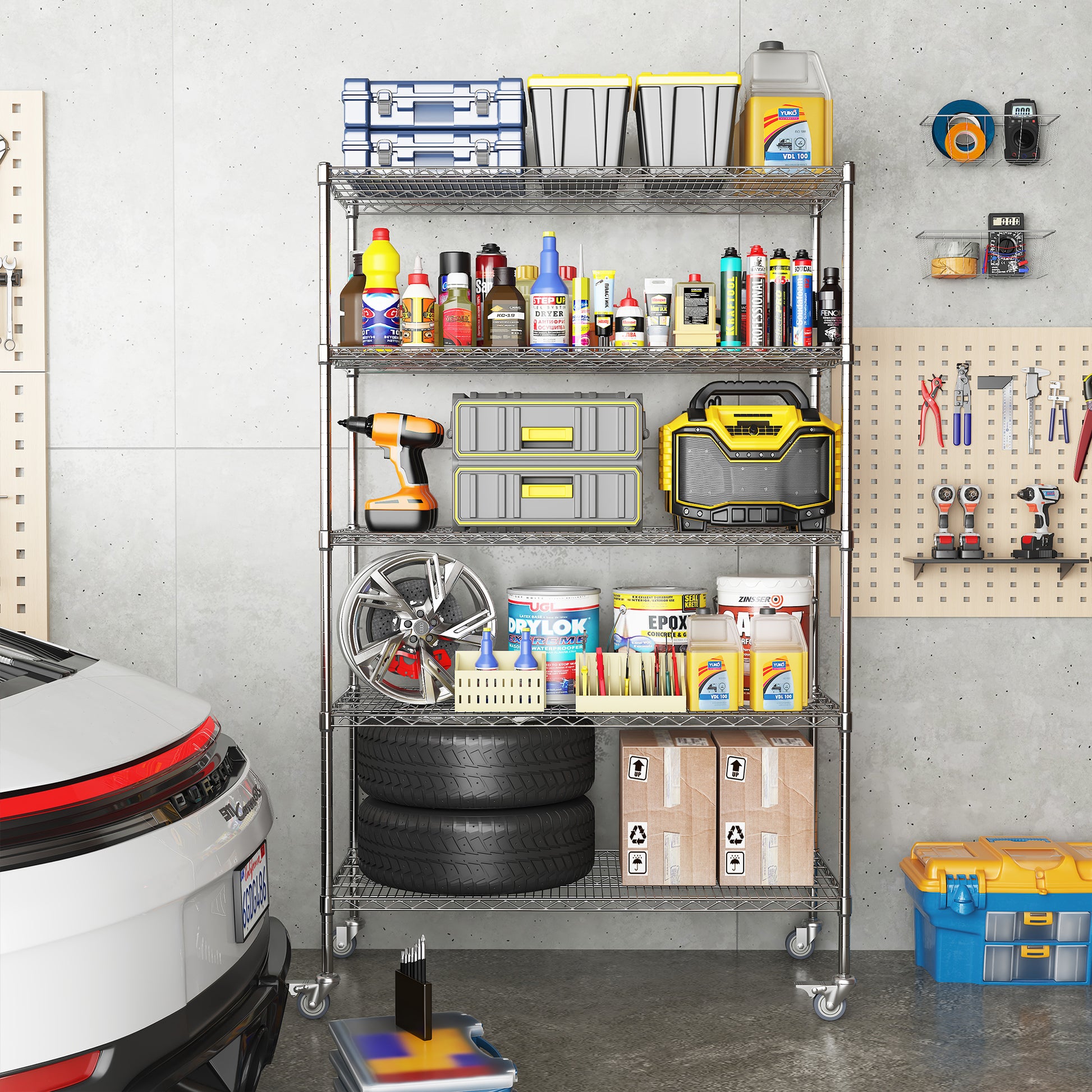 72" H Metal Large Storage Shelves With Wheels, Metal Shelving With Chrome, Adjustable 5 Tier Sturdy Metal Shelves For Storage Shelving,Kitchen,Garage 5 Silver Primary Living Space Metal Modern