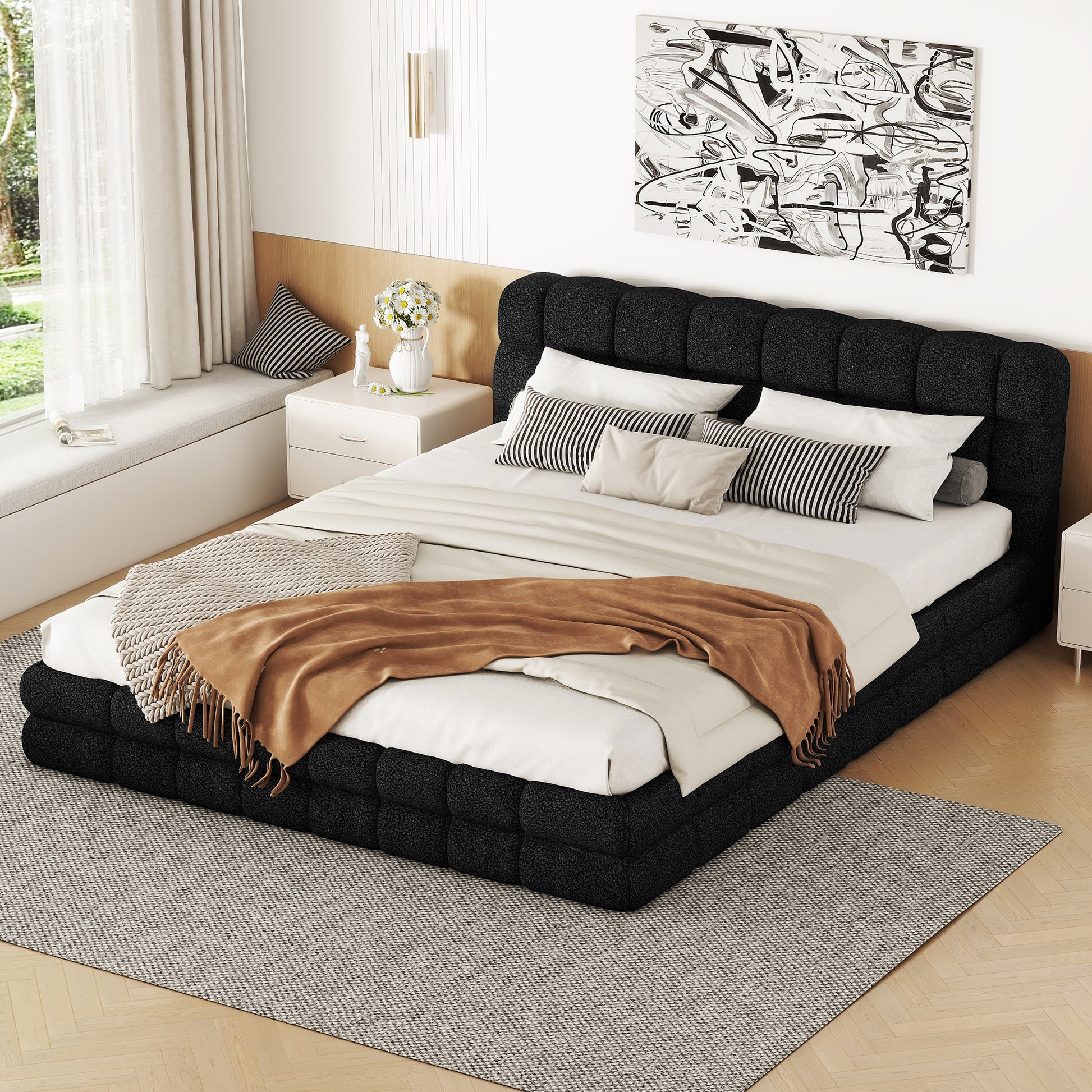 Queen Size Upholstered Platform Bed, Black Box Spring Not Required Queen Black Wood Bedroom Bed Frame Upholstered