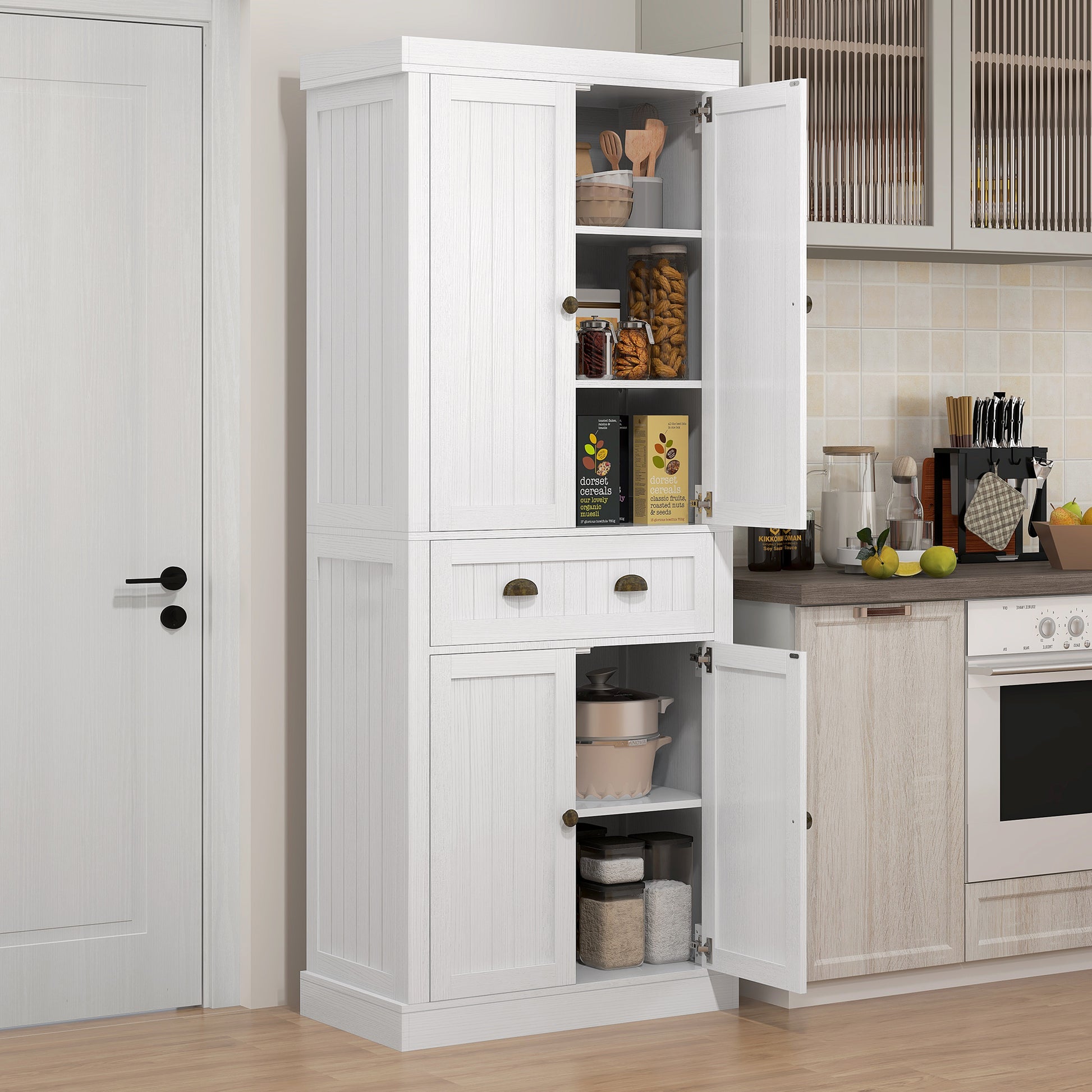 Homcom 72" Farmhouse Kitchen Pantry Cabinet, Freestanding Tall Storage Cabinet With 4 Soft Close Doors, 2 Adjustable Shelves And Drawer For Dining Room, Distressed White White Mdf