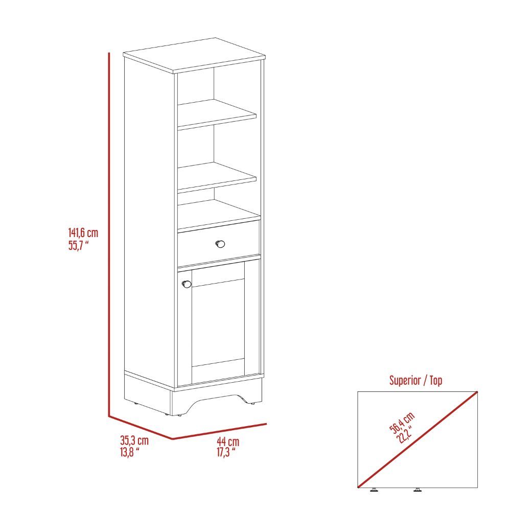 55H" Linen Single Door Cabinet, Three External Shelves, One Drawer, Two Interior Shelves, Light Oak White Multicolor Particle Board Particle Board