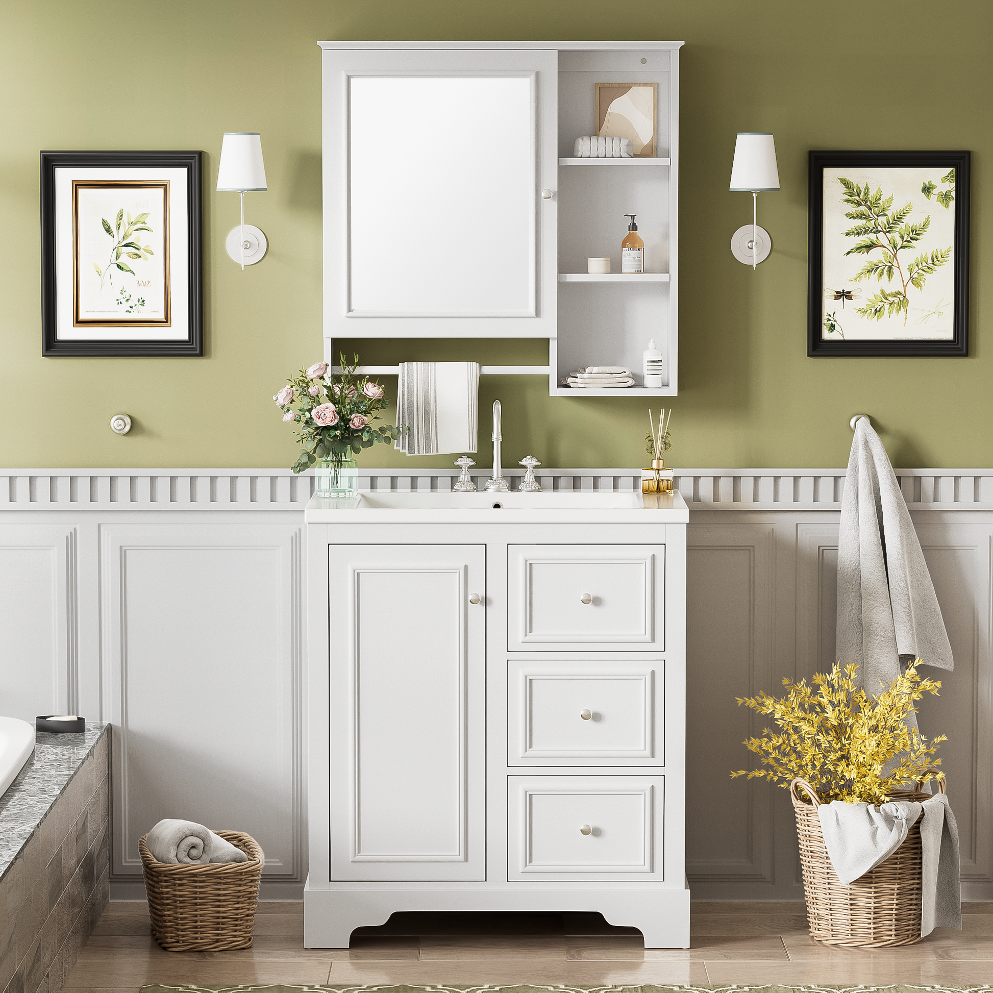 30 Inch Bathroom Vanity With Sink, Modern Elegant Bathroom Storage Cabinet With 3 Drawers And Adjustable Shelves, Freestanding Vanity Set With Mirror Cabinet, Single Sink Bathroom Vanity White Bathroom Solid Wood Mdf Glass