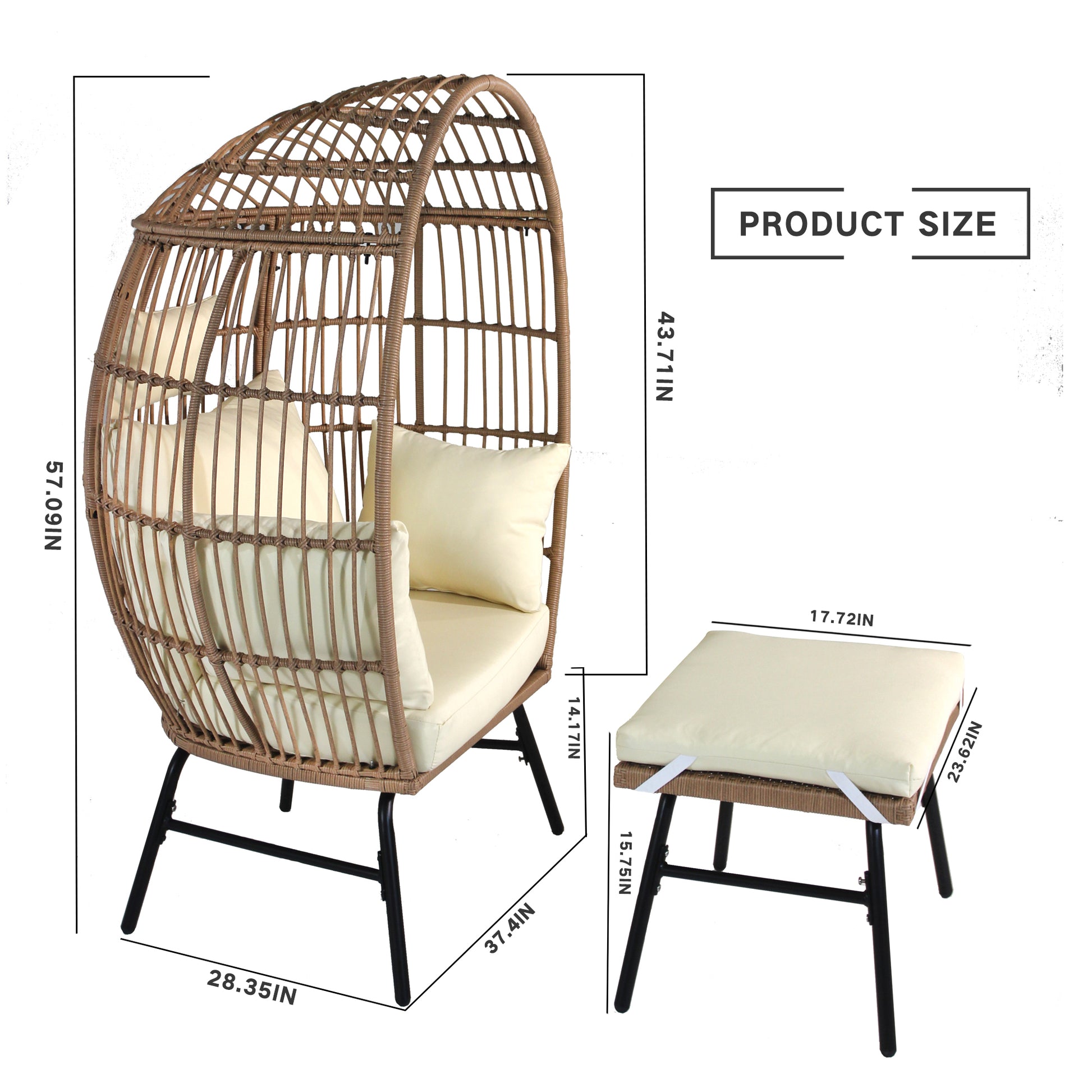 Outdoor Garden Wicker Egg Chair And Footstool Patio Chaise, With Cushions, Outdoor Indoor Basket Chair Yes White Natural Seats 2 Garden & Outdoor European,Modern Steel