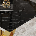 Table And Chair Set.Modern Rectangular Dining Table With Black Textured Stickers Glass Tabletop And Gold Plated Metal Legs.Paried With 6 Comfortable Chairs With Pu Seats And Black Metal Legs. Black Gold,Brown,Light Gray Seats 6 Glass Metal