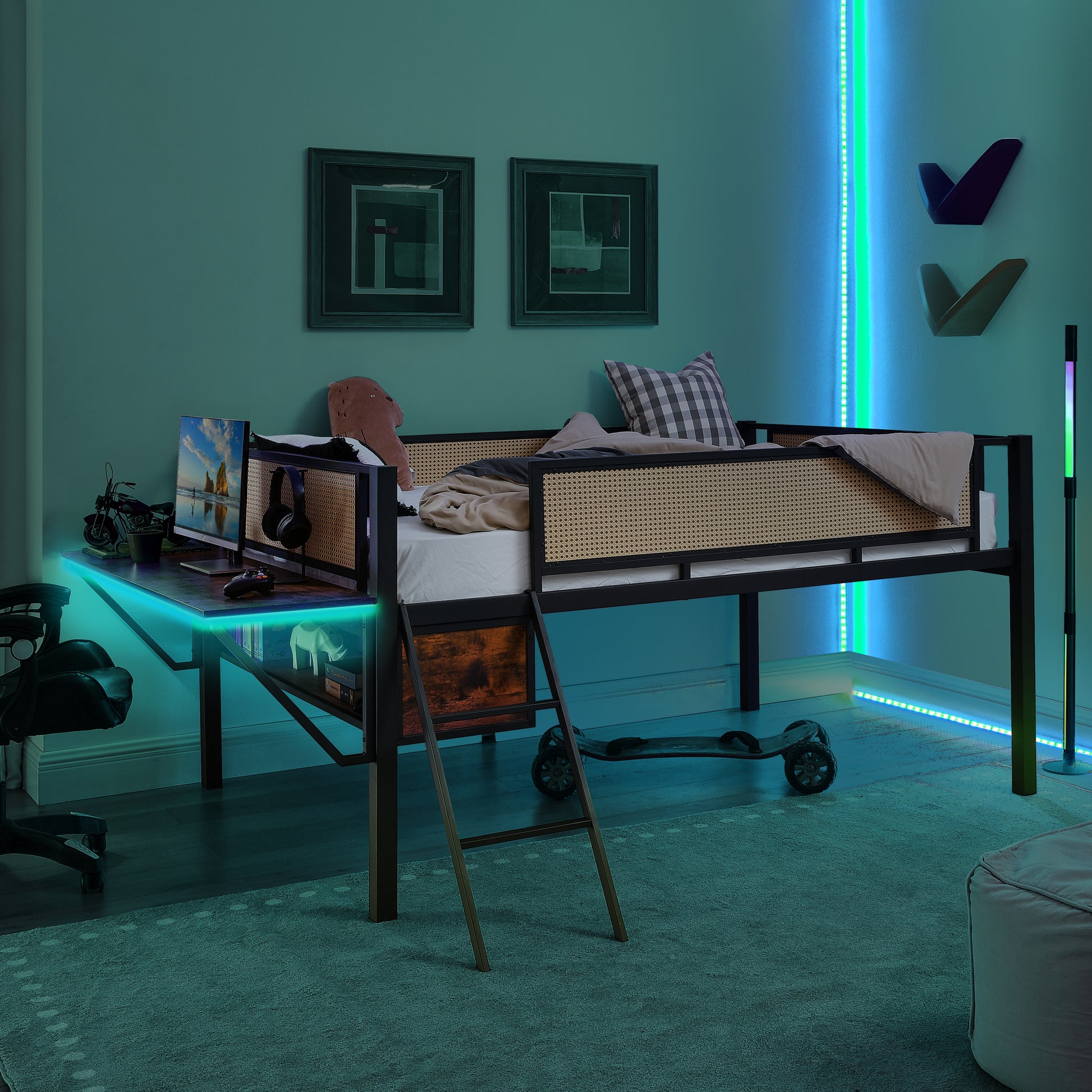 Single Metal Loft Bed With Rectangular Desk, Led Lights, Led Loft Bed Frame Double Bed With Storage Shelves And Hanging Storage Compartments, Safety Guard And Ladder, No Box Springs Required, Rattan G Full Black Brown Mdf Iron