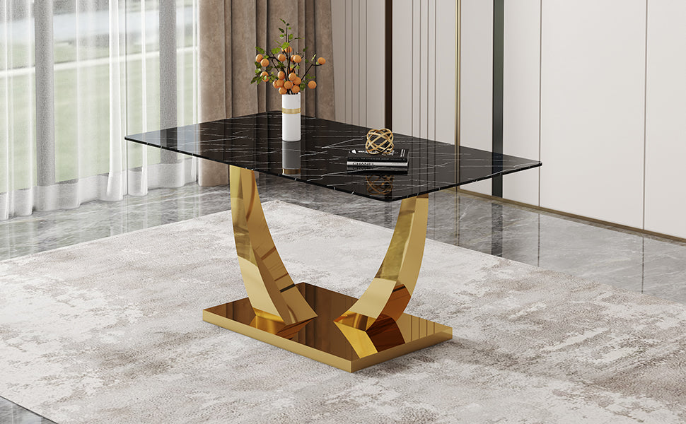 Modern Minimalist Rectangular Glass Dining Table, 0.4 "Thick, Black Sticker Glass Tabletop, Gold Plated Metal Legs. Used In Kitchens, Restaurants, And Living Rooms 63"*35.4"*30" F 1548 Black Gold