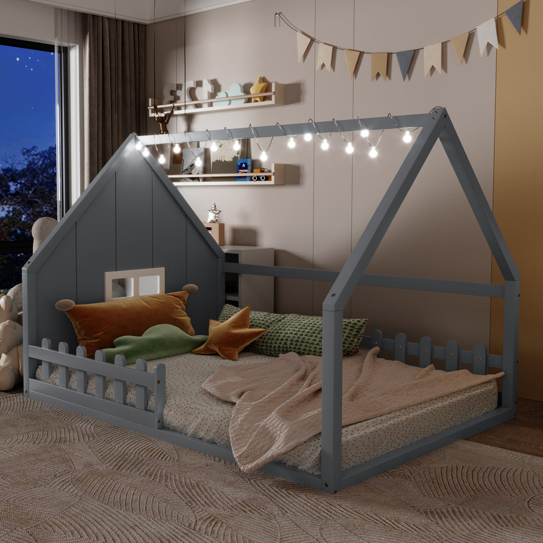 Full Size Wood House Bed With Window And Fence, Gray Old Sku: Wf304147Aae Box Spring Not Required Full Gray Wood Bedroom Pine Bed Frame Solid Wood Mdf
