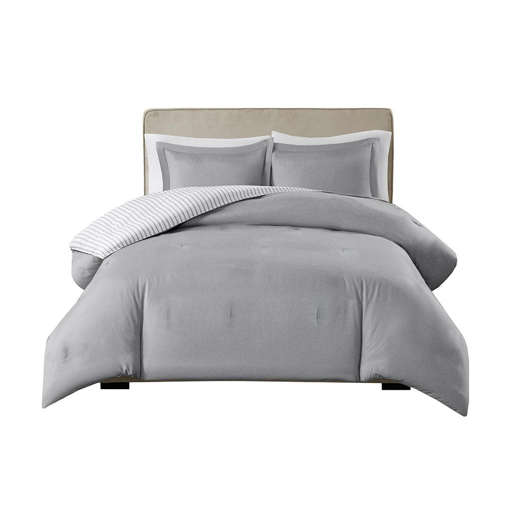 Reversible Yarn Dyed Stripe Down Alternative Comforter Set Queen White Gray Microfiber