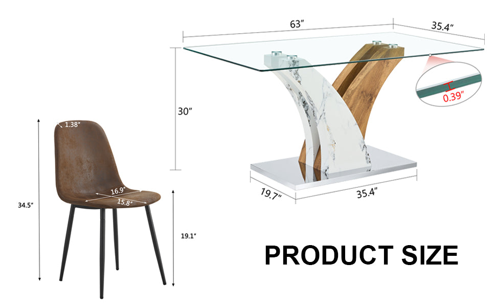 Table And Chair Set.Modern Dining Table, Tempered Glass Countertop With Artistic Mdf Legs.Paried With 6 Brown Chairs With Soft Linen Fabric Cushions And Black Metal Legs.Suitable For Various Styles. Black Brown,Transparent Seats 6 Mdf Metal