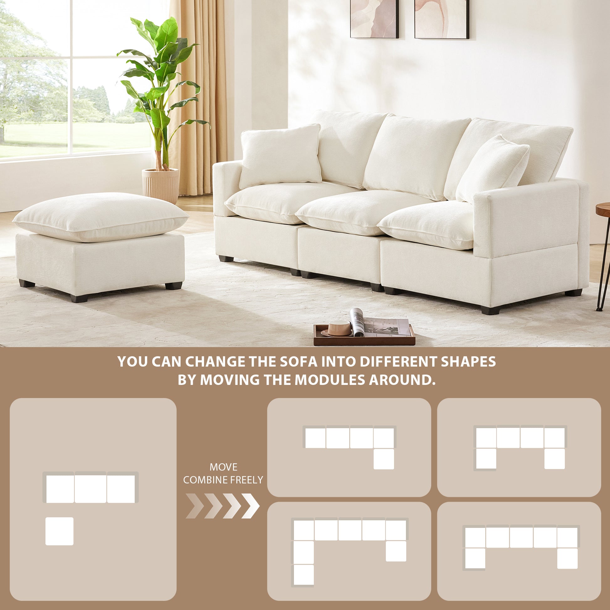 84*57" Modern Modular Sofa, 4 Seat Chenille Sectional Couch Set With 2 Pillows Included, Freely Combinable Indoor Funiture For Living Room, Apartment, Office, 2 Colors White Chenille 4 Seat