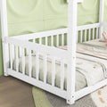 Twin Size Canopy Frame Floor Bed With Fence, Guardrails,White Twin White American Design Pine