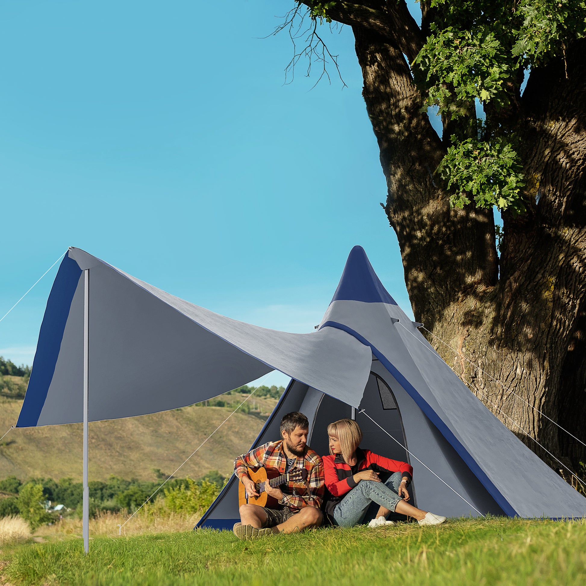 Outsunny 15.4'X15.4'X8.5' Teepee Tent, Waterproof Camping Tent With Porch Area, Floor And Carry Bag, For 2 3 Person Outdoor Backpacking Camping Hiking, Blue Blue Aluminum