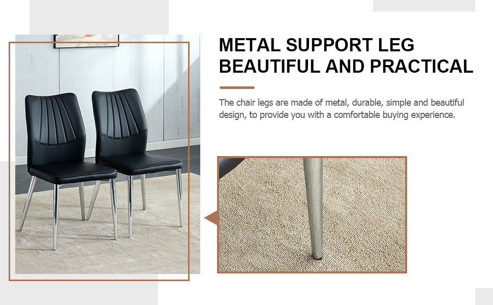 Table And Chair Set.Contemporary, Minimalist Rectangular Dining Table Featuring A Clear Tempered Glass Top And Sleek Silver Legs. Paried With Chairs Made Of Pu Material Cushion And Silver Metal Legs. Black Seats 6 Glass Metal