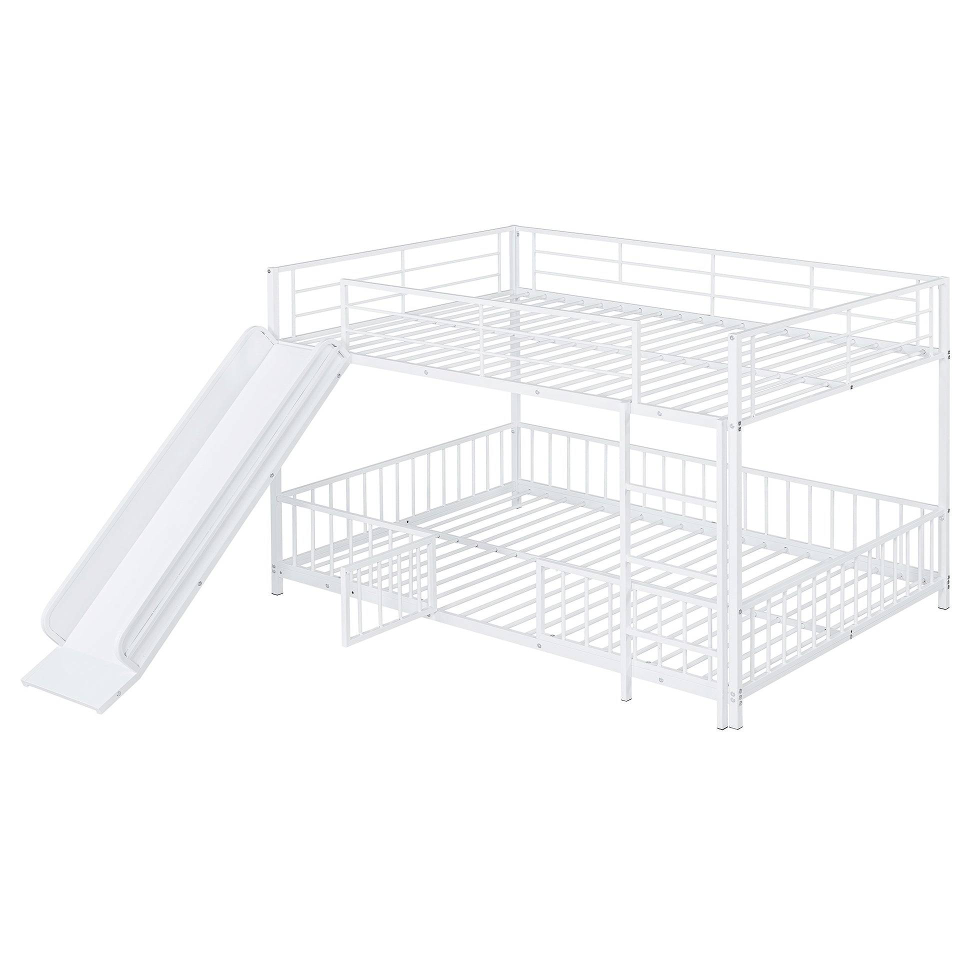 Full Over Full Size Metal Bunk Bed With Slide And Guardrails, White Full White Metal