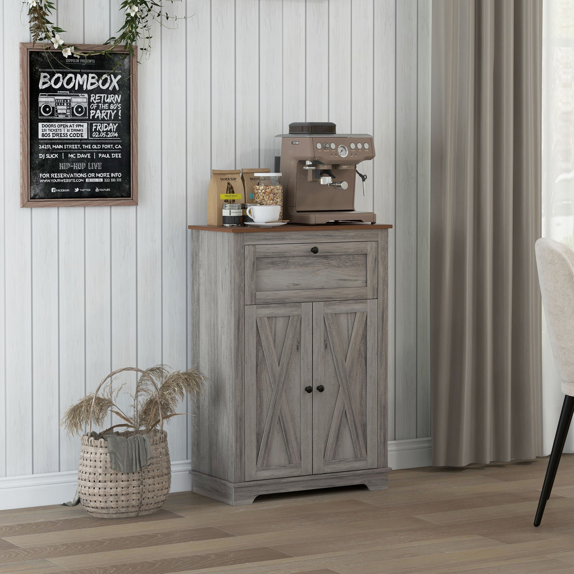 Homcom Farmhouse Barn Door Accent Cabinet, Kitchen Sideboard Storage Cabinet With Double Doors, Drawer, And Adjustable Shelf For Bedroom, Living Room, Gray Gray Particle Board