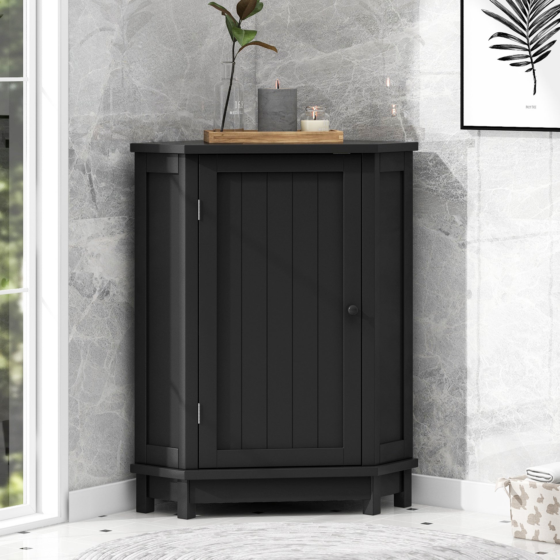 Black Bathroom Cabinet Triangle Corner Storage Cabinet With Adjustable Shelf Modern Style Mdf Board Black Mdf