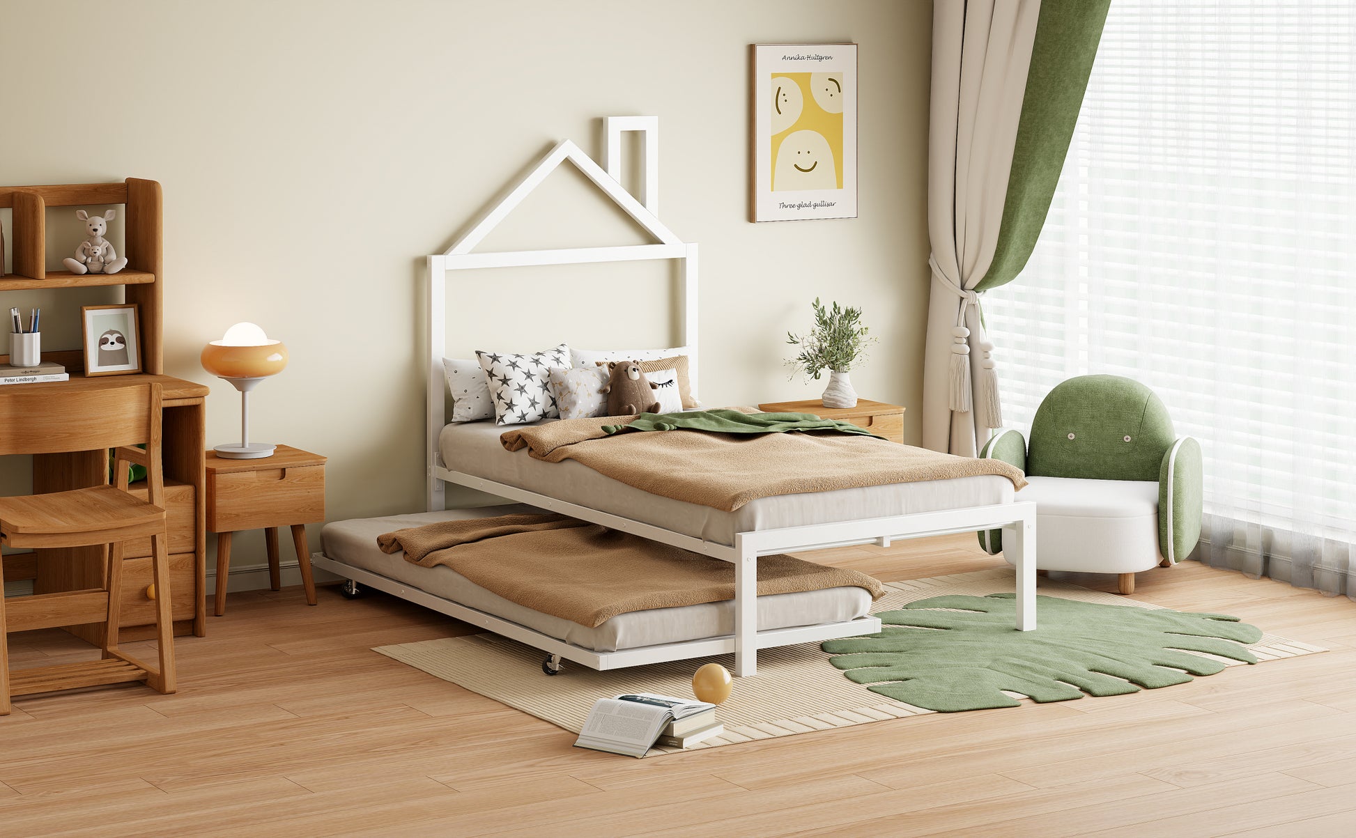 Twin Size Metal Platform Bed With Twin Size Trundle,House Shaped Headboard Design, White Twin White Metal