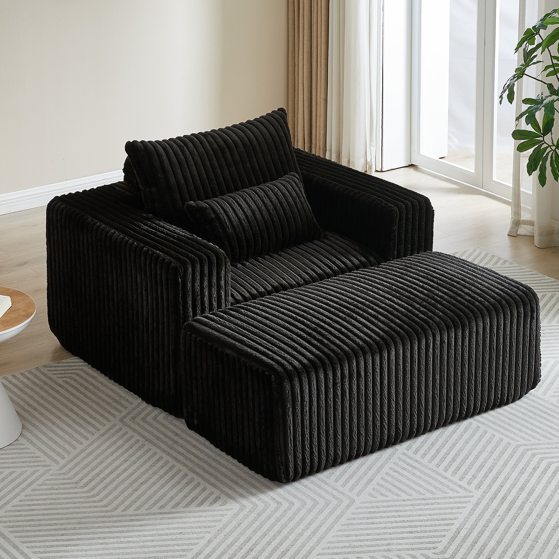 62.5 Inch Corduroy Sponge Sofa Lounge Chair With Removable Footrest,No Assembly Required,Fluffy Modern Sleeper Chair For Indoor Living Room Bedroom Black Foam Corduroy 1 Seat
