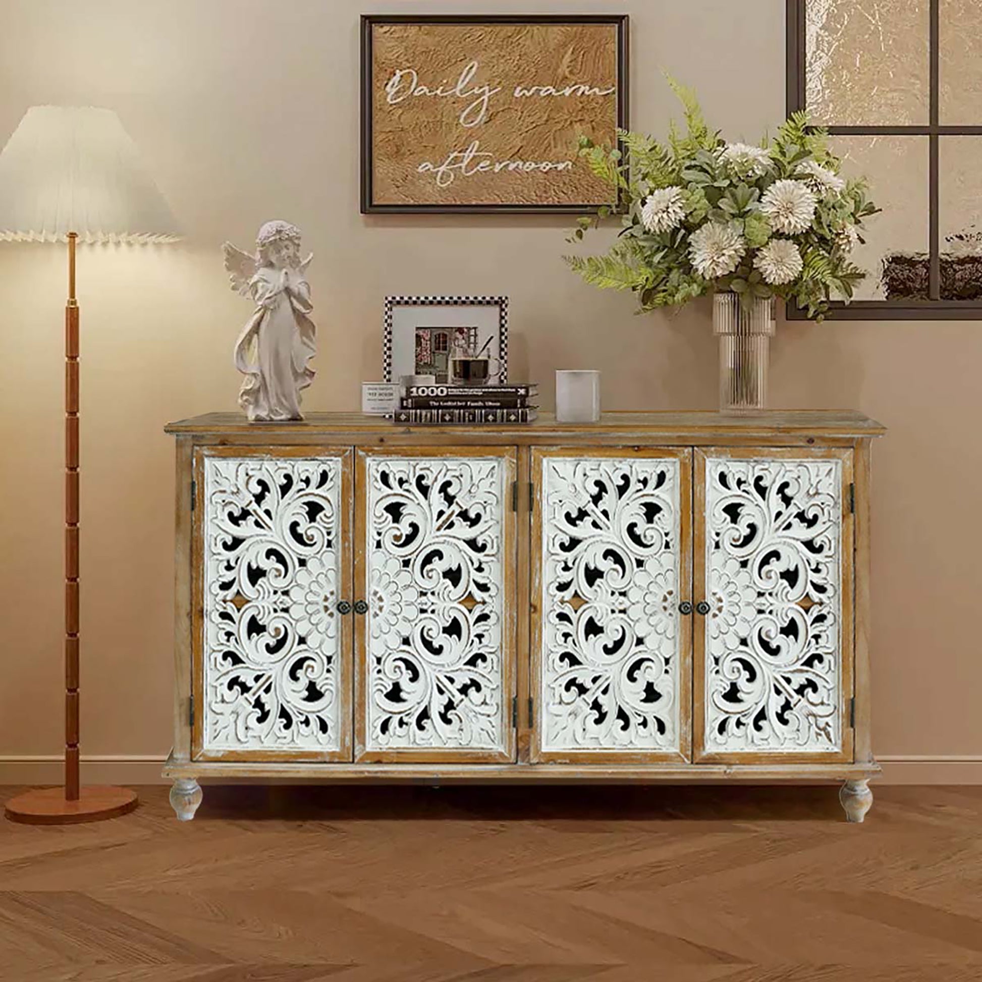 Accent Cabinet With 4 Doors, Farmhouse Sideboard Buffet Cabinet With Storage, Modern Credenza Storage Cabinet With Wood Carved Floral Doors For Living Room, Dining Room, Entryway, Hallway, Kitchen Accent Chests 3 4 Spaces Painted Or Hand Painted Antique