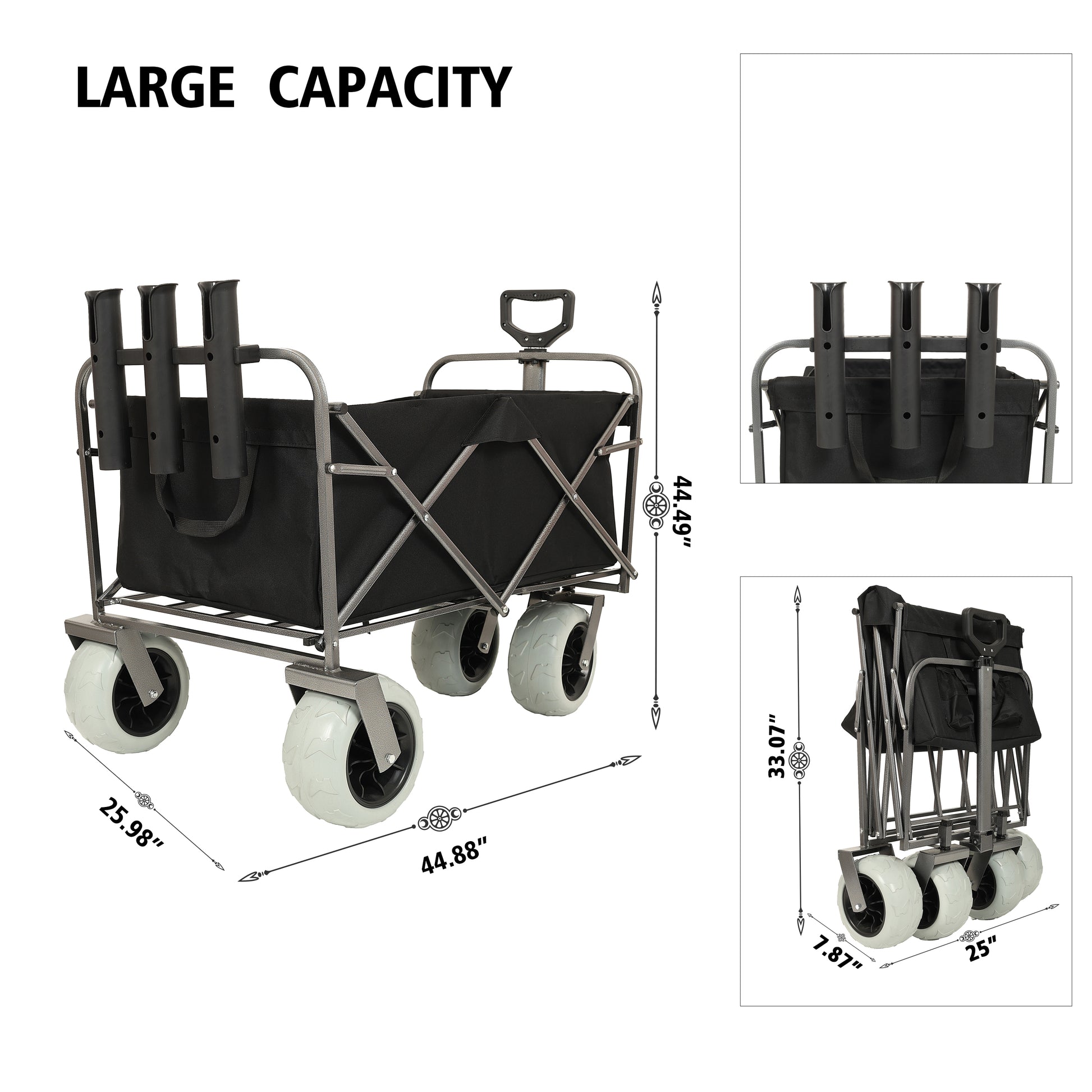 Fishing Cart With Rod Holders ,Beach Wagon With Big Wheels For Sand 500Lbs Capacity All Terrain Steel Frame Utility Cart With 9" Pneumatic Tires,Strap With Multiuse Bag ,Black Black Steel