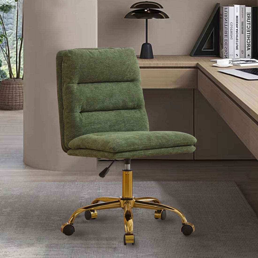 Yts Armless Office Chairs With Wheels And Fabric Cushions, Adjustable Vanity Chairs For Home Use, Open Workstations, Conference Halls, Welcome Areas, And Even Home Offices Green Linen