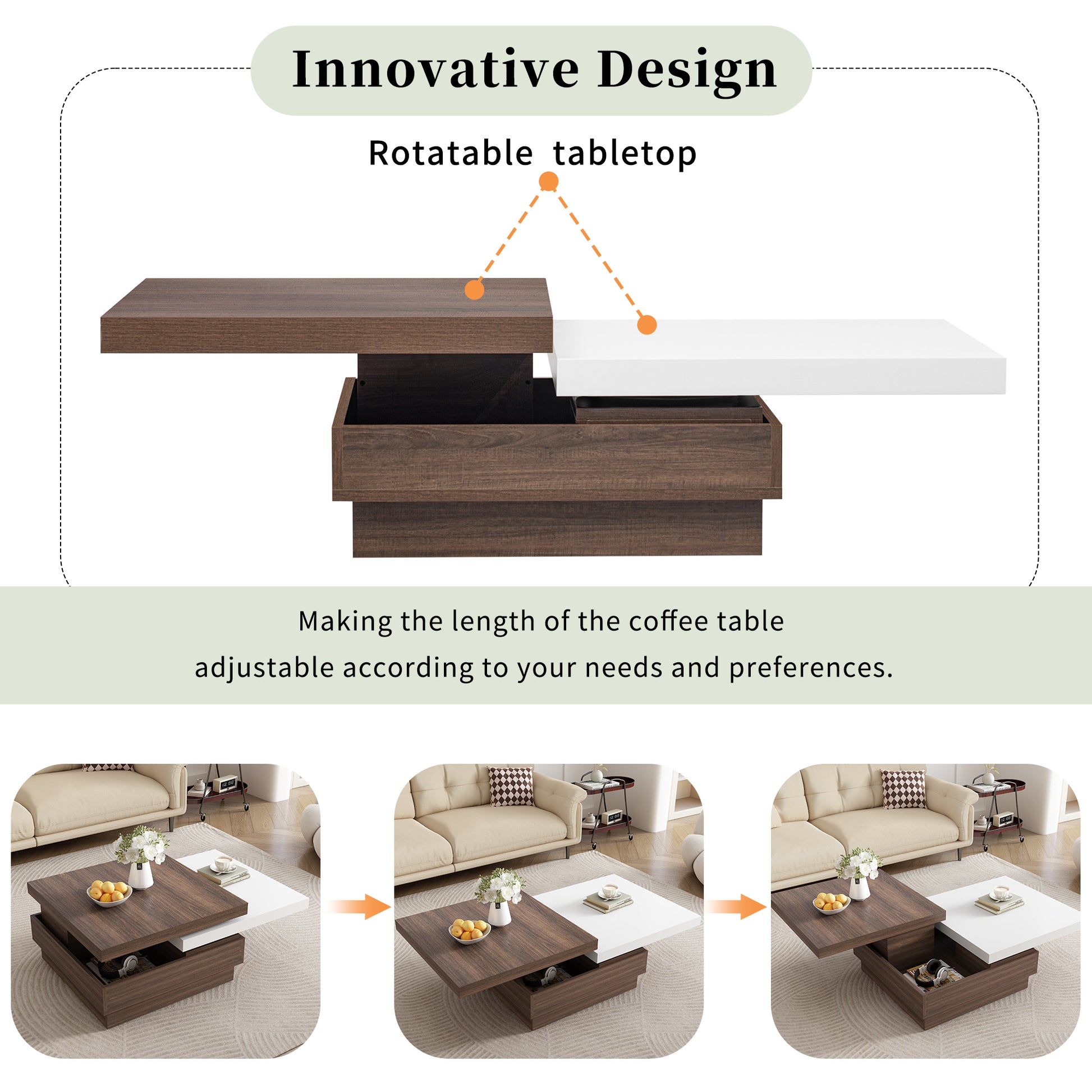 Rotatable Top Coffee Table, Modern Square Coffee Table With Wood Grain Design, 1 Hidden Storage Space For Living Room, White Brown White Mdf