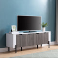 Tv Stand In White & Distressed Grey With Metal Legs, Four Door Cabinets, And Euro Hinges Spacious Three Cabinet Storage White Charcoal 60 69 Inches Mdf