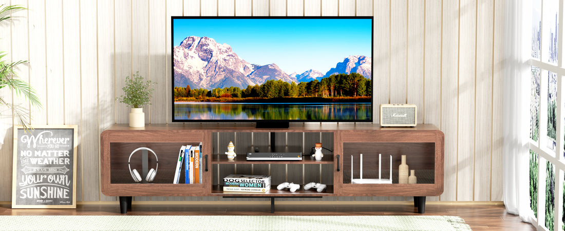 Mid Century Modern Tv Stand For 55 60 65 70 Inch Tv, Wood Entertainment Center With Power Outlets, Media Console With Sliding Doors And Open Shelf For Living Room, Walnut Walnut 60 69 Inches Wood