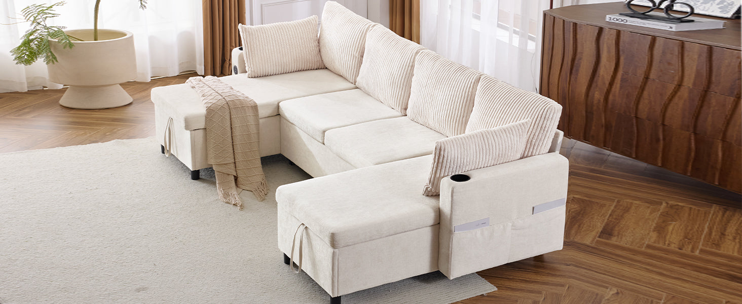 111.8" Sectional Sofa Pull Out Sofa Bed Versatile Sofa Sleeper With Large Storage Space, Two Usb Ports And Two Cup Holders For Living Room, Beige Beige Foam Chenille 4 Seat