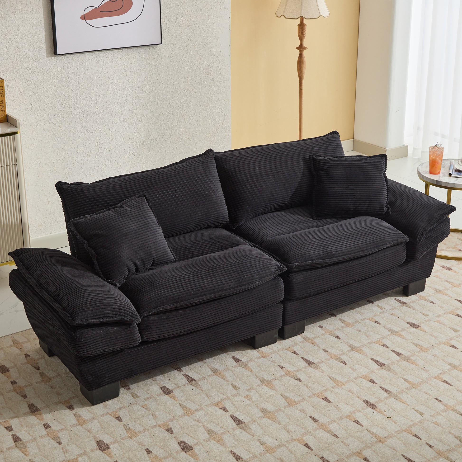 Corduroy Sofa Sleeper Couch Loveseat Sofa With Pillows Comfy Upholstered Deep Seat Sofa For Bedroom,Living Room,Apartment,Office,Dorm Black Corduroy Black Foam Upholstered 2 Seat