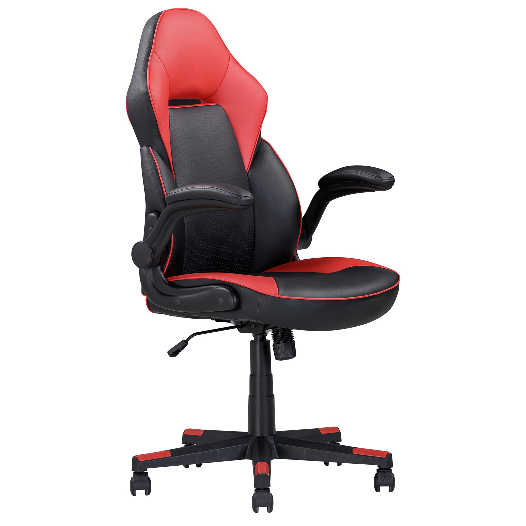 Adjustable Ergonomic Gaming Chair, Faux Leather Upholstered Office Chair W 360 Degree Swivel And Tilt Control, Black Red Caster Plastic Red Black Office Foam Rectangular Contemporary,Modern Push Button Office Chairs Solid Back Plywood Adjustable Height