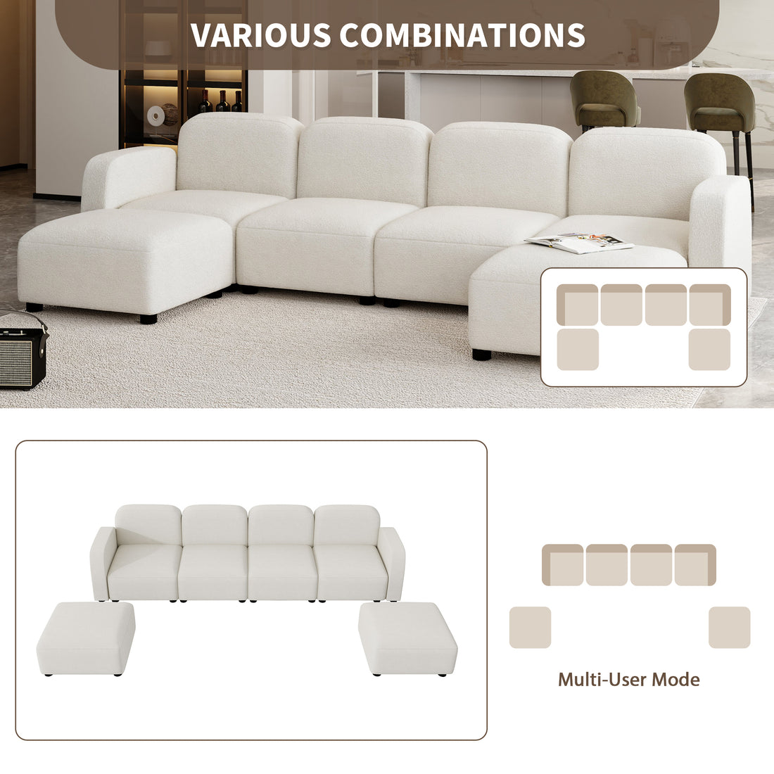 116*58" Velvet Modular Sectional Sofa,U Shaped Reversible Couch Set,Free Combination,6 Seat Sleeper Cloud Sofa Bed With Ottoman,Convertible Oversized Indoor Furniture Pieces For Living Room,Beige Beige Velvet 6 Seat