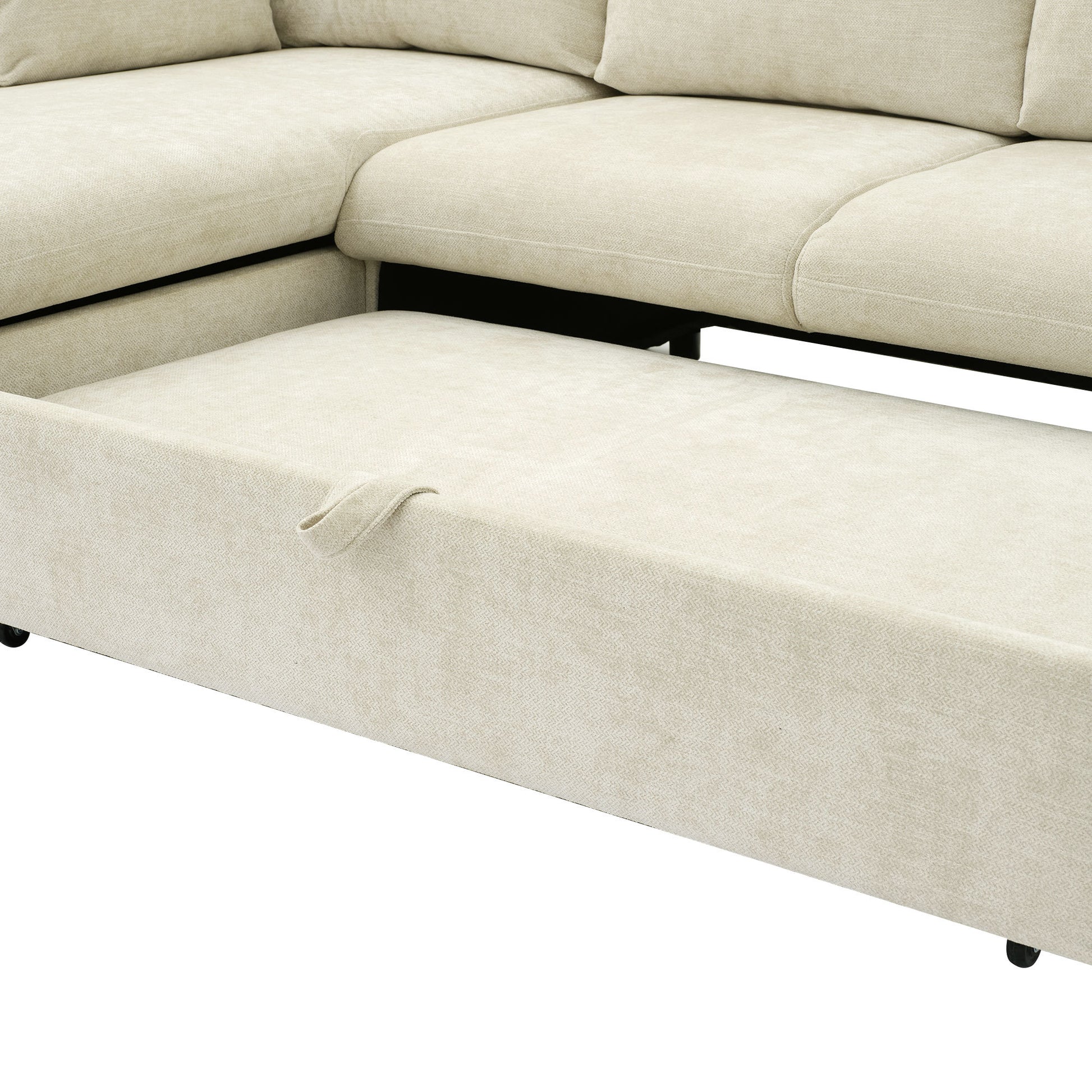 146.9" L Shaped Sofa Sectional Sofa Couch Pull Out Sofa Bed With A Movable Storage Ottoman, A Storage Chaise Lounge And Two Usb Ports For Living Room, Beige Beige Foam Linen 5 Seat