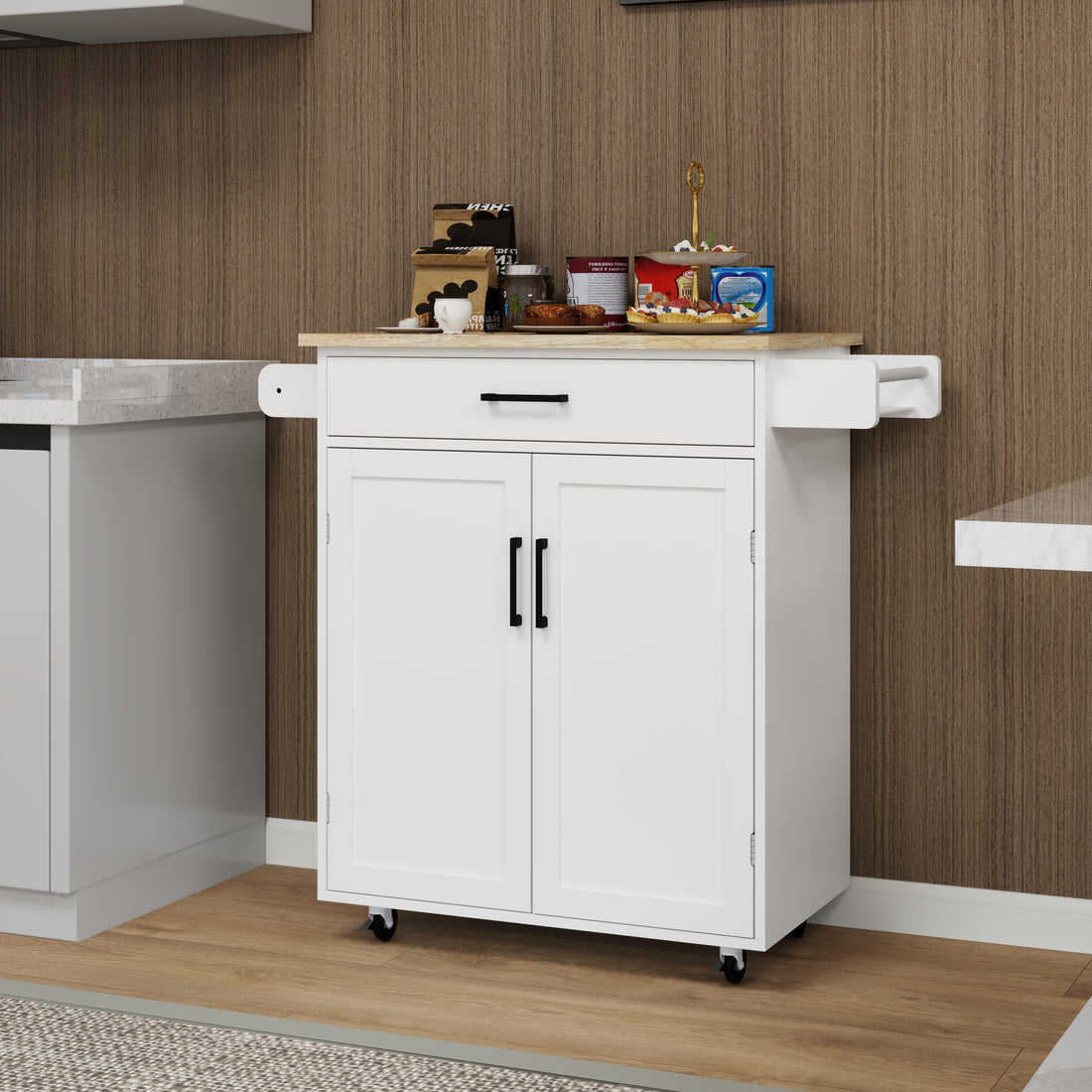 Kitchen Island Rolling Trolley Cart With 1 Drawer & 2 Doors With Storage Racks & Adjustable Shelves & Towel Rack & Seasoning Rack Rubber Wood Table Top White White Solid Wood Mdf