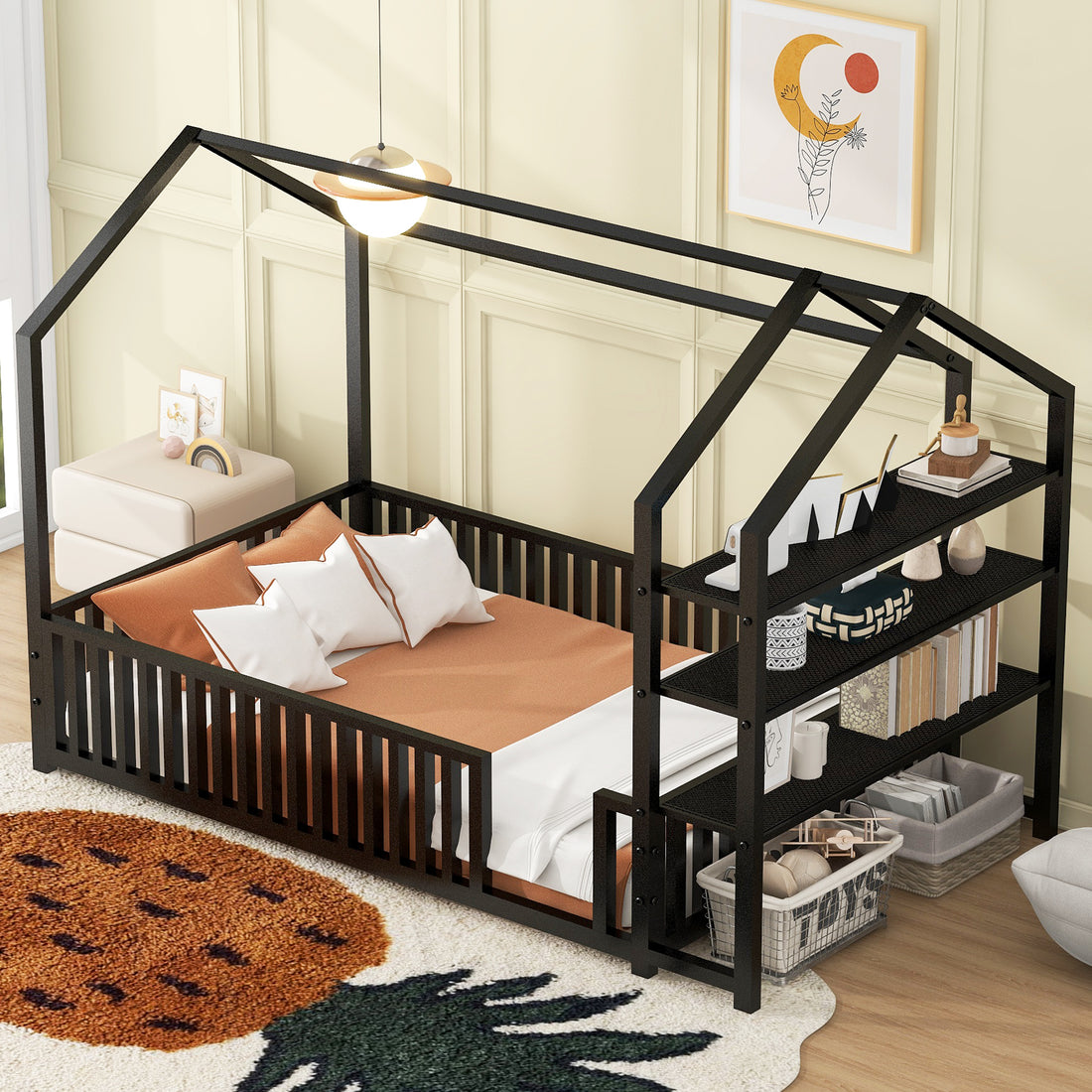 Twin Size Metal House Bed With Fence And Detachable Storage Shelves, Black Twin Black Metal