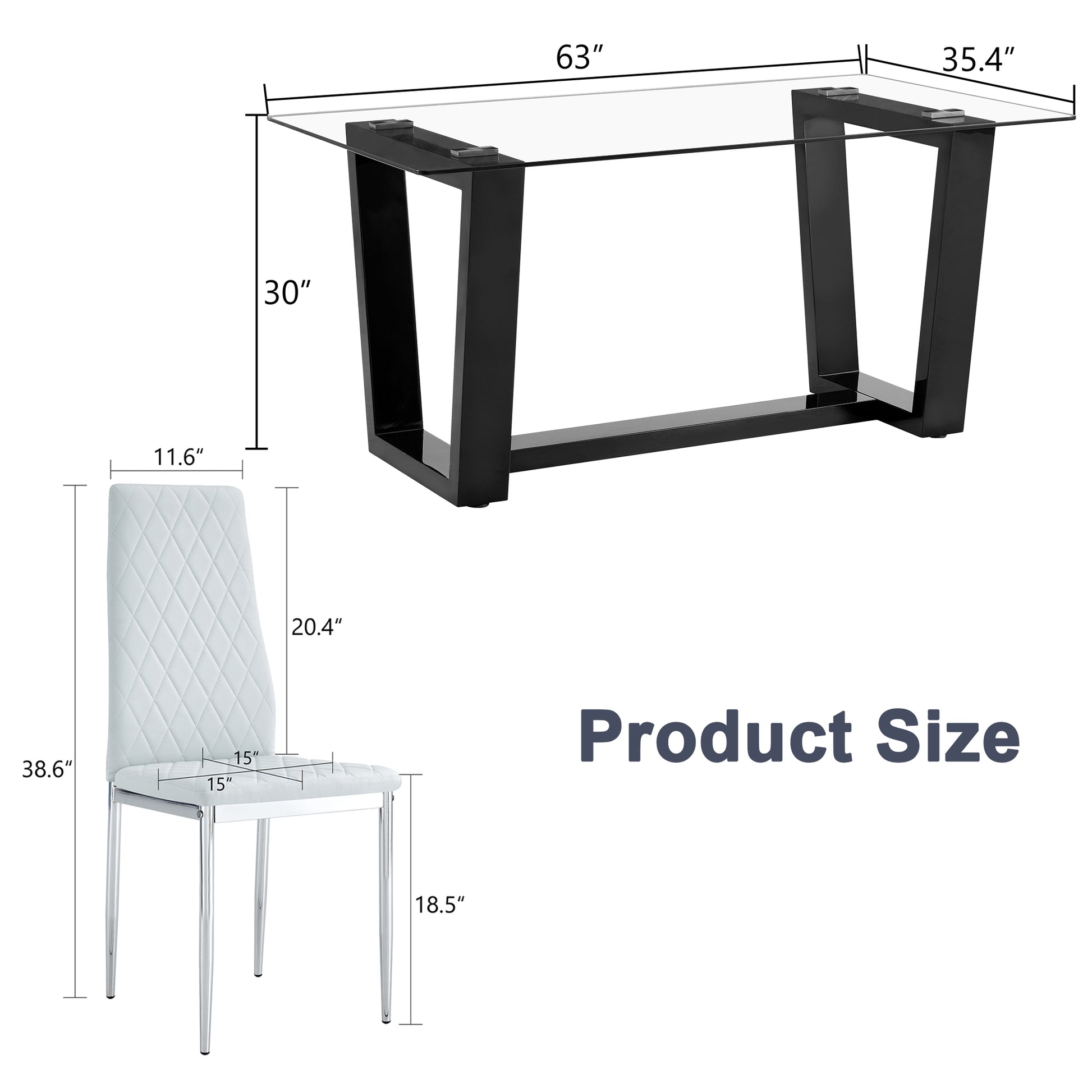 Table And Chair Set.A Rectangular Dining Table Features With Tempered Glass Top And Sleek Black Mdf Stand.Paried With 6 Pu Chairs With Checkered Armless High Back And Electroplated Metal Legs. Light Gray,Transparent Seats 6 Mdf Glass