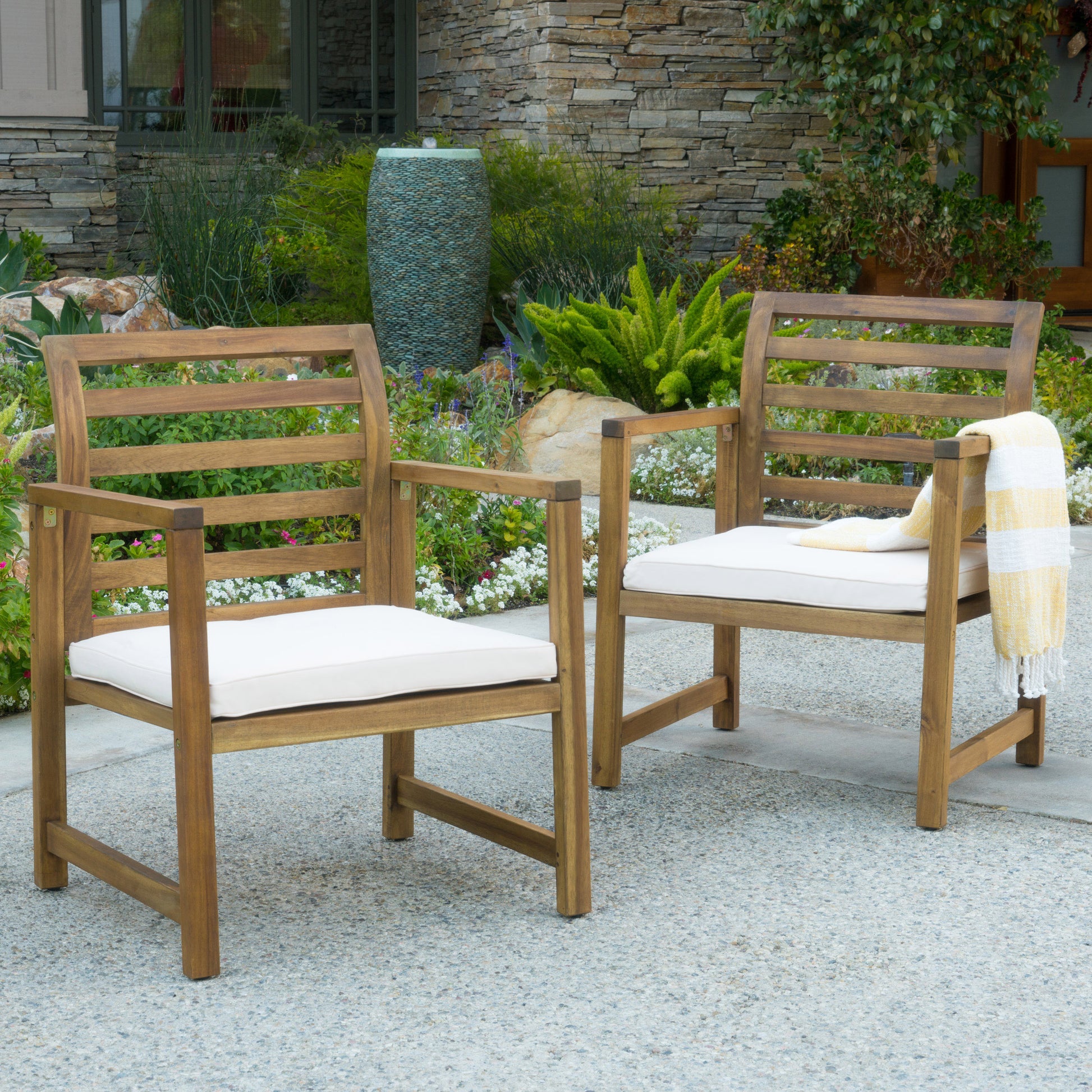 Outdoor Acacia Wood Club Chairs, 2 Pcs Set, Natural Stained White, 25.5"D X 24.5"W X 33.0"H Natural Acacia Wood