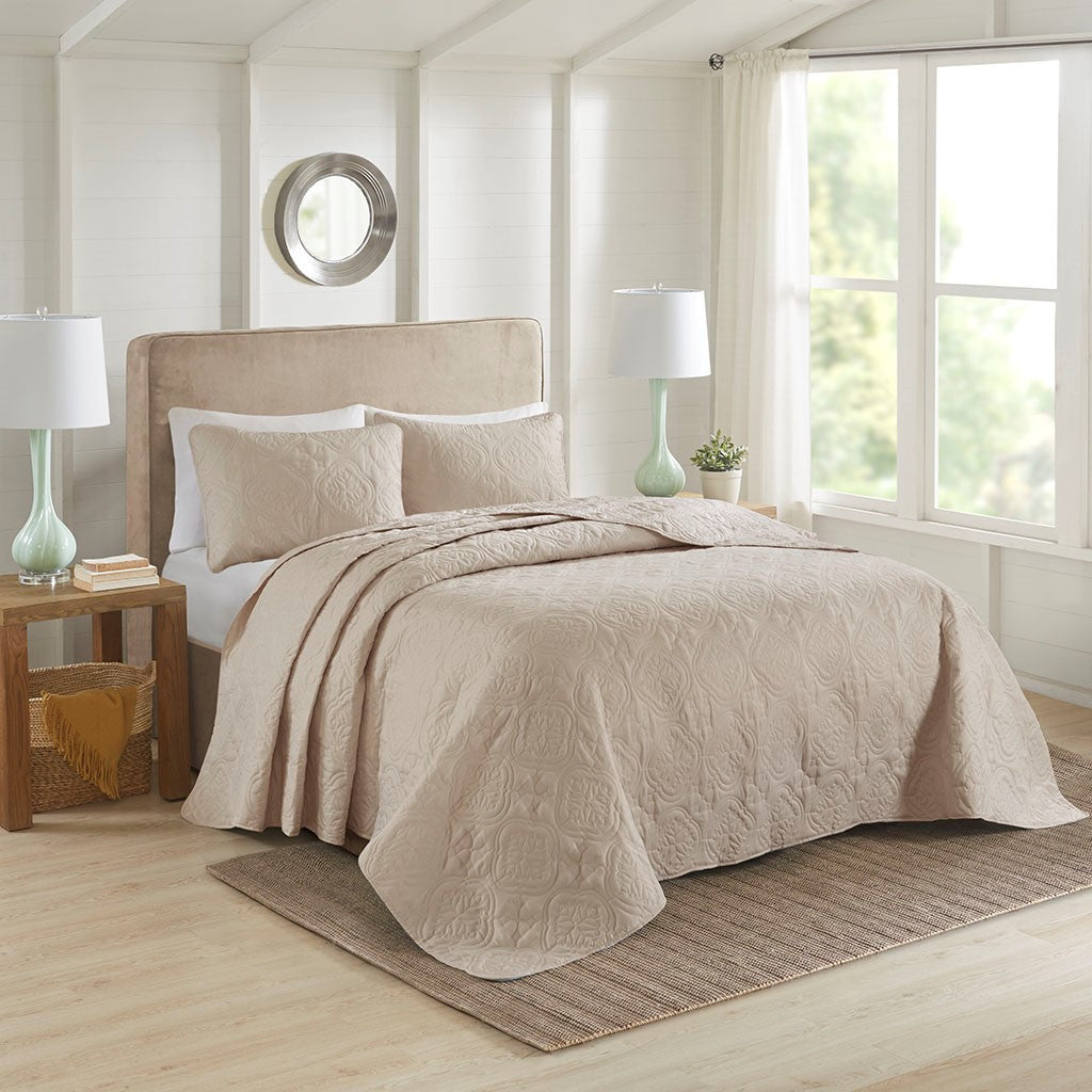 3 Piece Reversible Bedspread Set Khaki Full Queen Queen Khaki Microfiber
