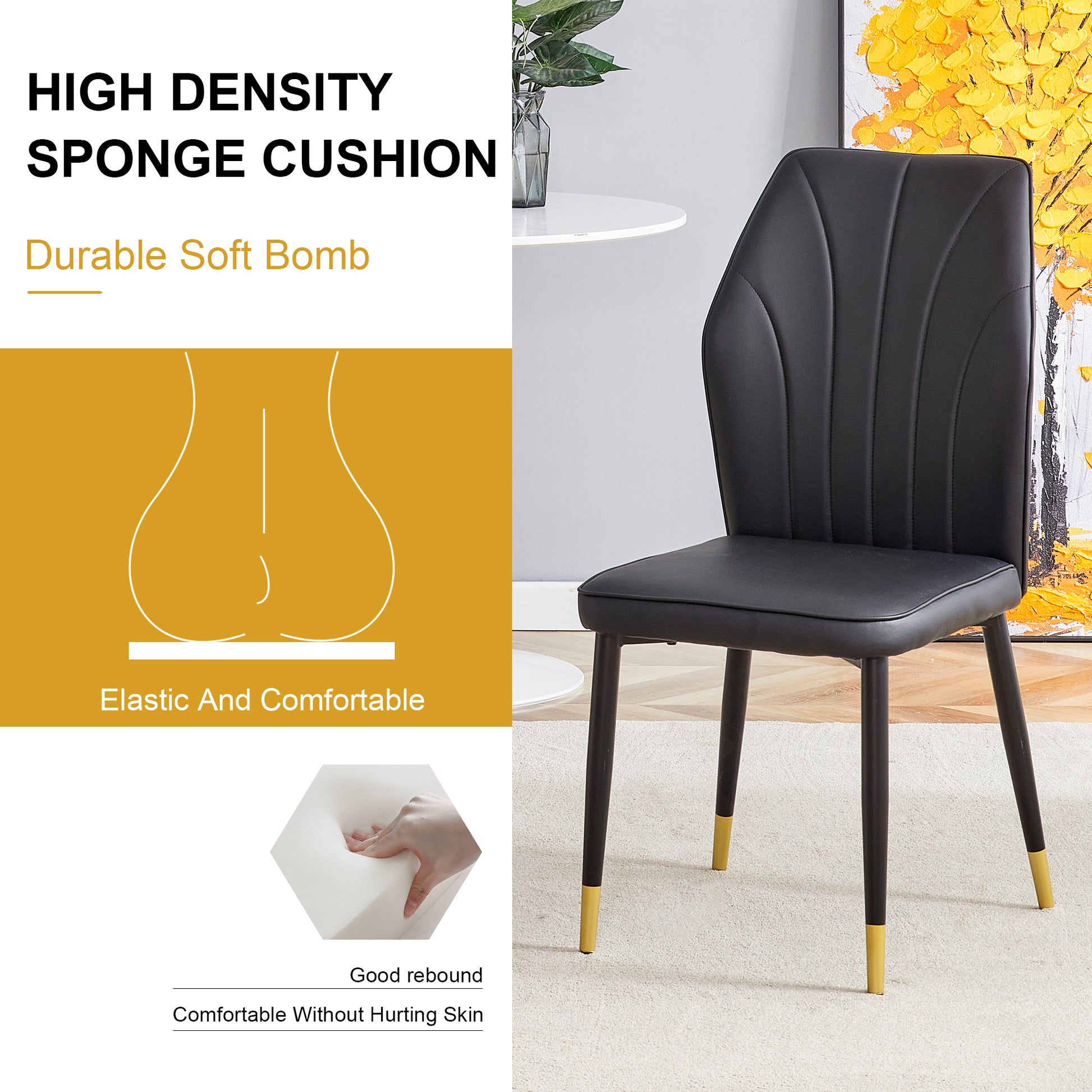 4 Modern Dining Chairs With Stylish Pu Patterned Backrest And Black Metal Legs For A Comfortable Home Experience In The Kitchen, Bedroom And Office. Black Pu