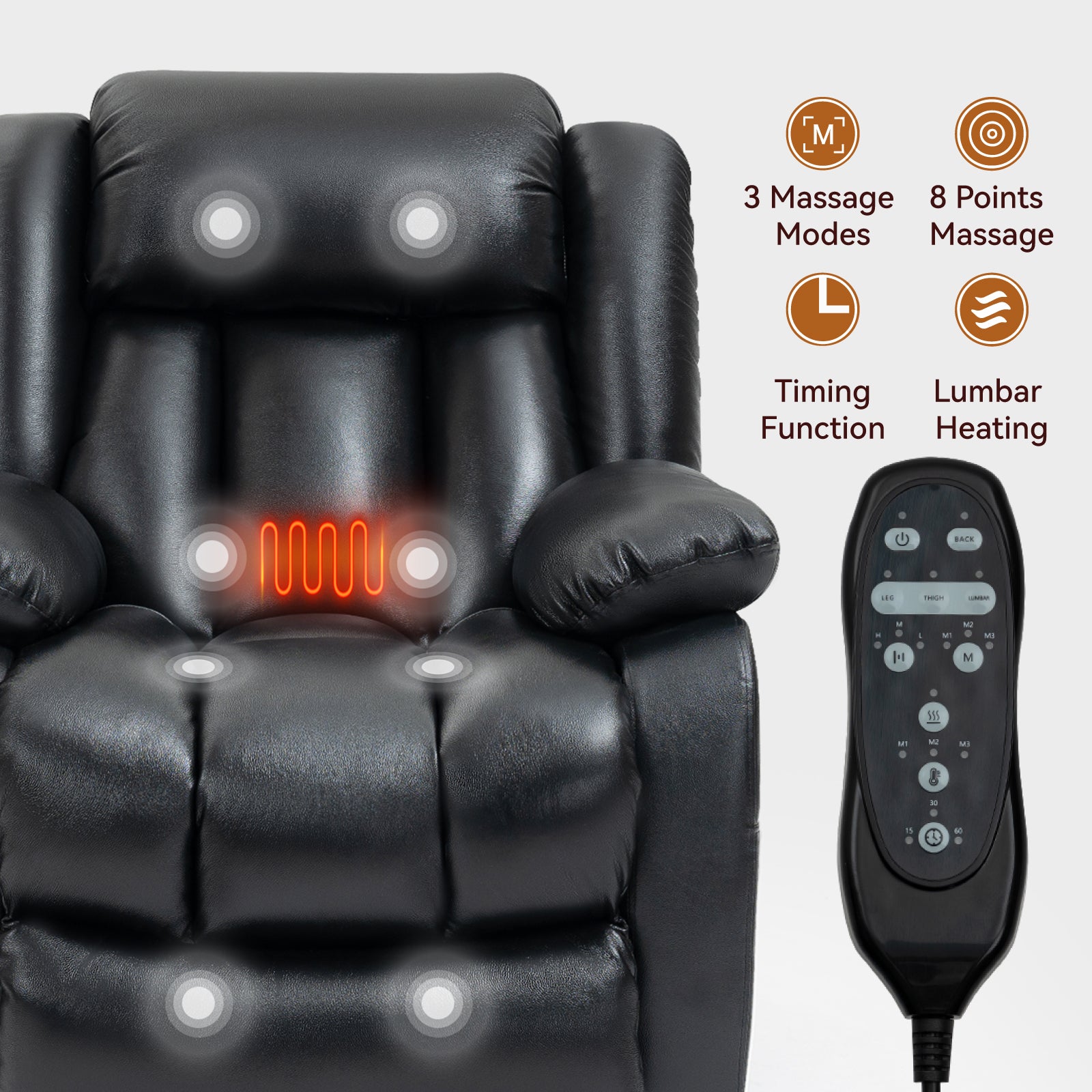 Dual Motor Infinite Position Up To 350 Lbs Electric Medium Size Genuine Leather Black Power Lift Recliner Chair With 8 Point Vibration Massage And Lumbar Heating White Metal Primary Living Space Heavy Duty Pine Black Genuine Leather Power Remote Medium