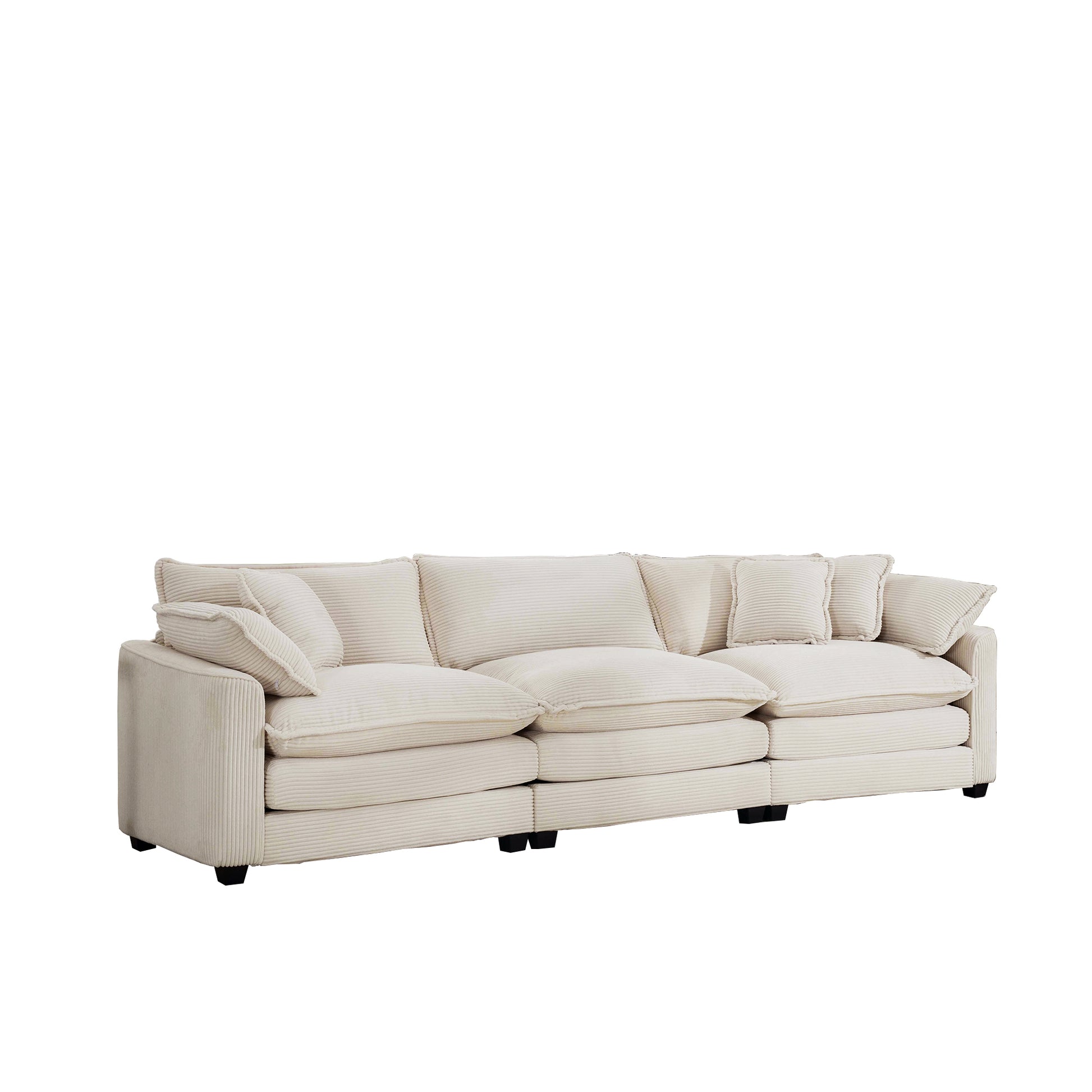 Mid Century Modern Sofa 3 Seater Sectional Sofa With 2 Arm Pillows And 3 Throw Pillows, Light Beige Corduroy Fabric Beige Corduroy 3 Seat