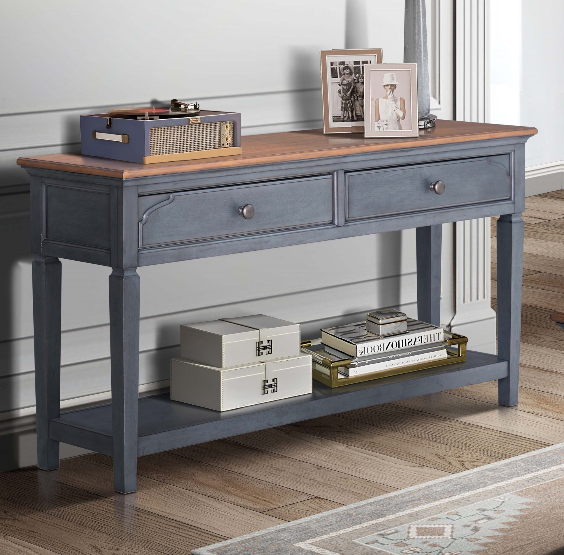 Americana 60 Inch Sofa Table, No Assembly Required, Corduroy Blue Finish Blue Rubberwood Rubber Wood