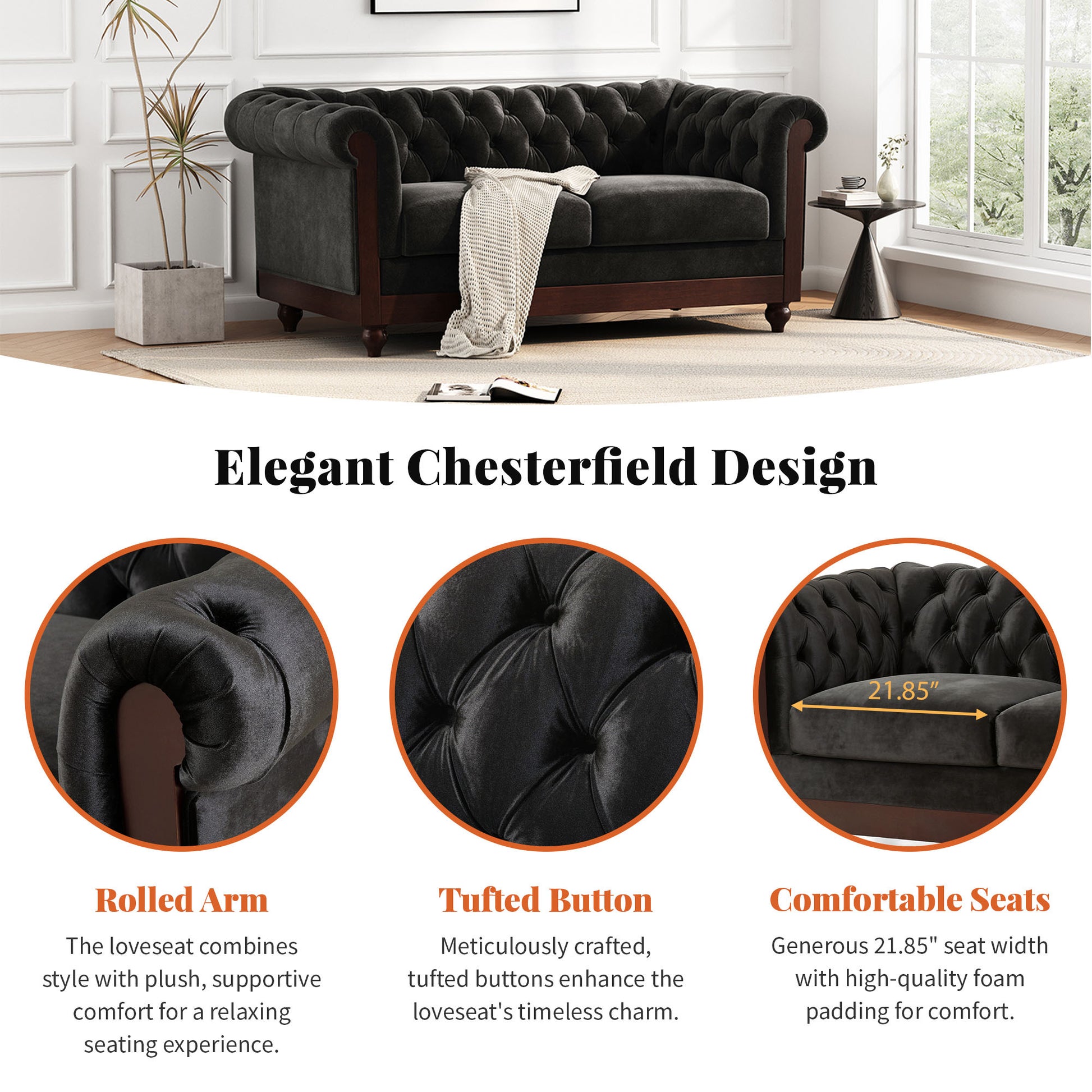 Vivalux 59.44" Chesterfield Velvet Loveseat Sofa,2 Person Rolled Arm Dutch Plush Upholstered Sofa Couch With Tufted Button For Living Room, Bedroom, Small Places,Black Black Espresso Velvet Wood Primary Living Space Soft Tufted Back Casual,Classic Pine