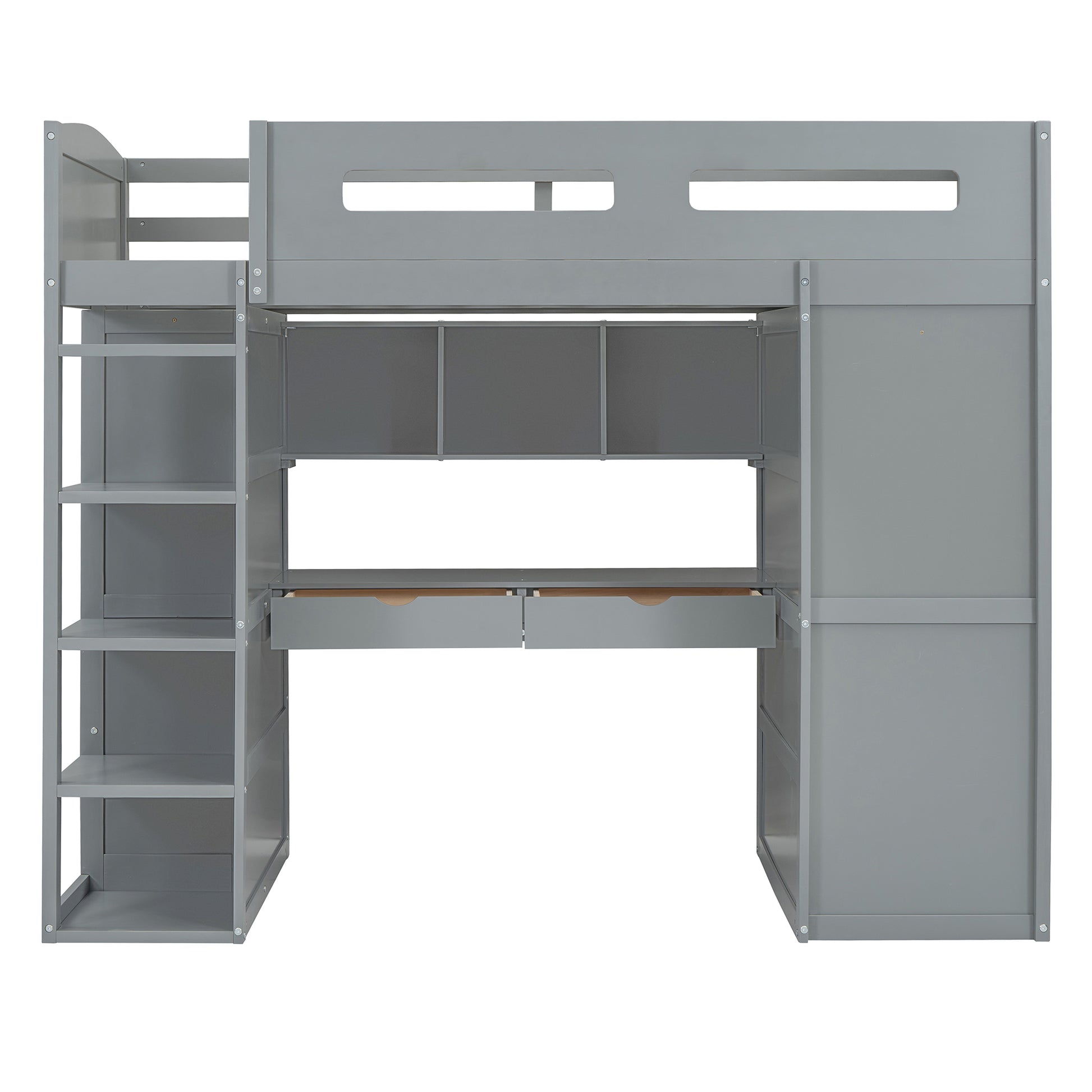 Twin Size Loft Bed With Desk, Wardrobes, 4 Drawers And 4 Shelves Gray Twin Gray Solid Wood