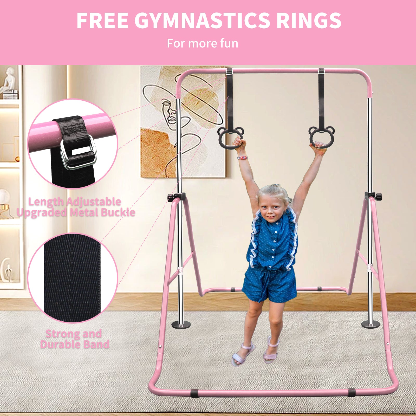 Multi Functional Adjustable Height Children'S Horizontal Gymnastic Bar With Bear Rings Pink Steel