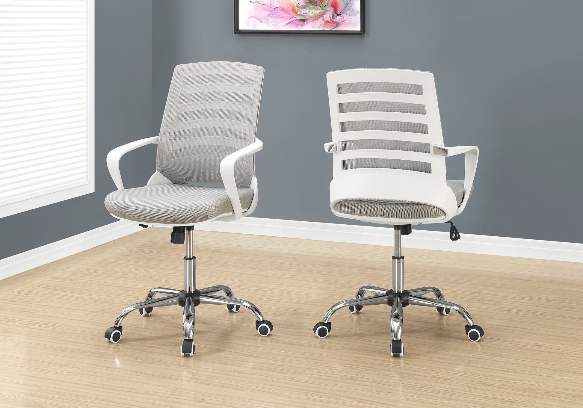 Office Chair, Adjustable Height, Swivel, Ergonomic, Armrests, Computer Desk, Work, Grey Mesh, Chrome Metal, Contemporary, Modern White Foam Polyester