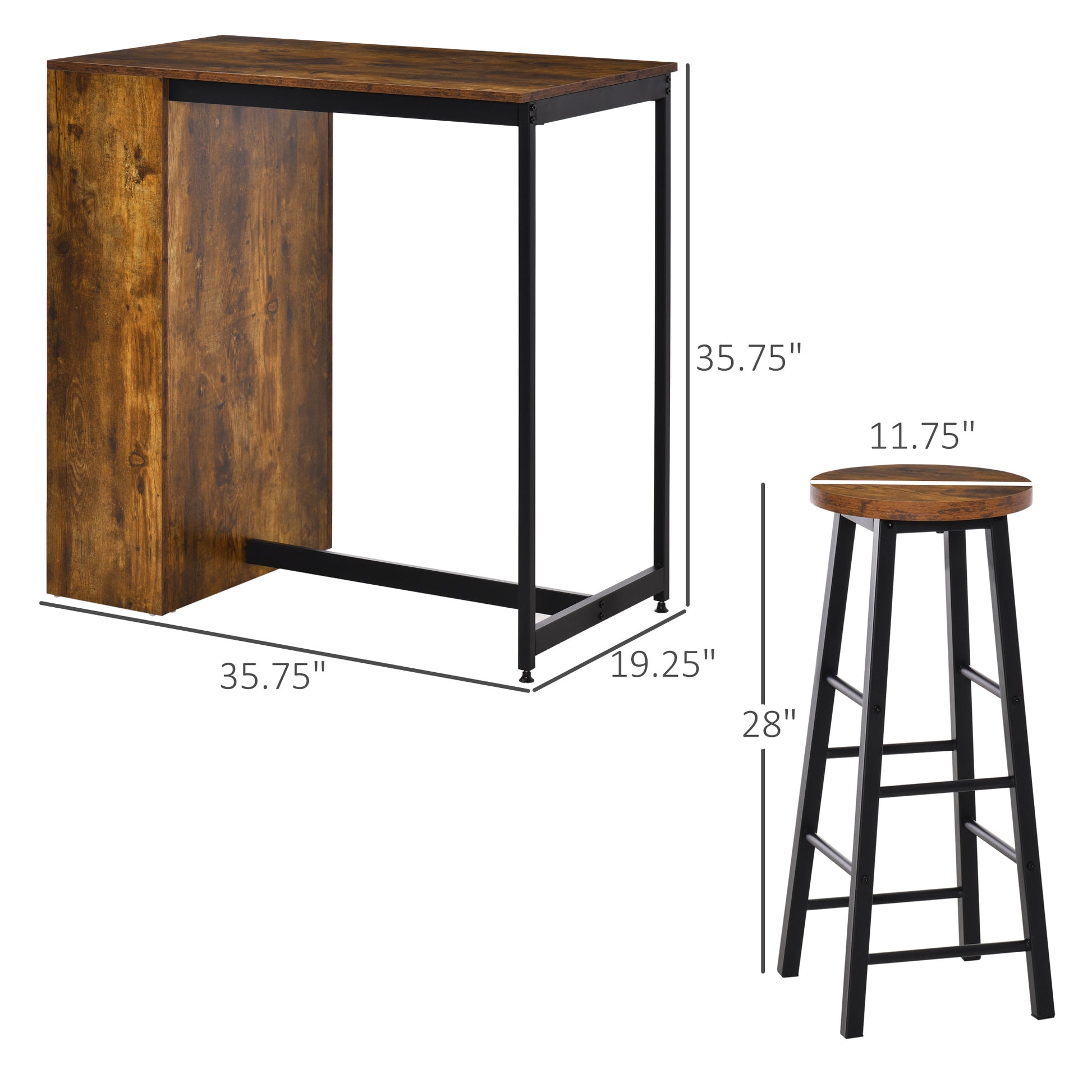 Homcom 3 Piece Industrial Pub Table And Chairs, Counter Height Bar Table And Stools Set With Storage Shelf, Rustic Brown Rustic Brown Particle Board